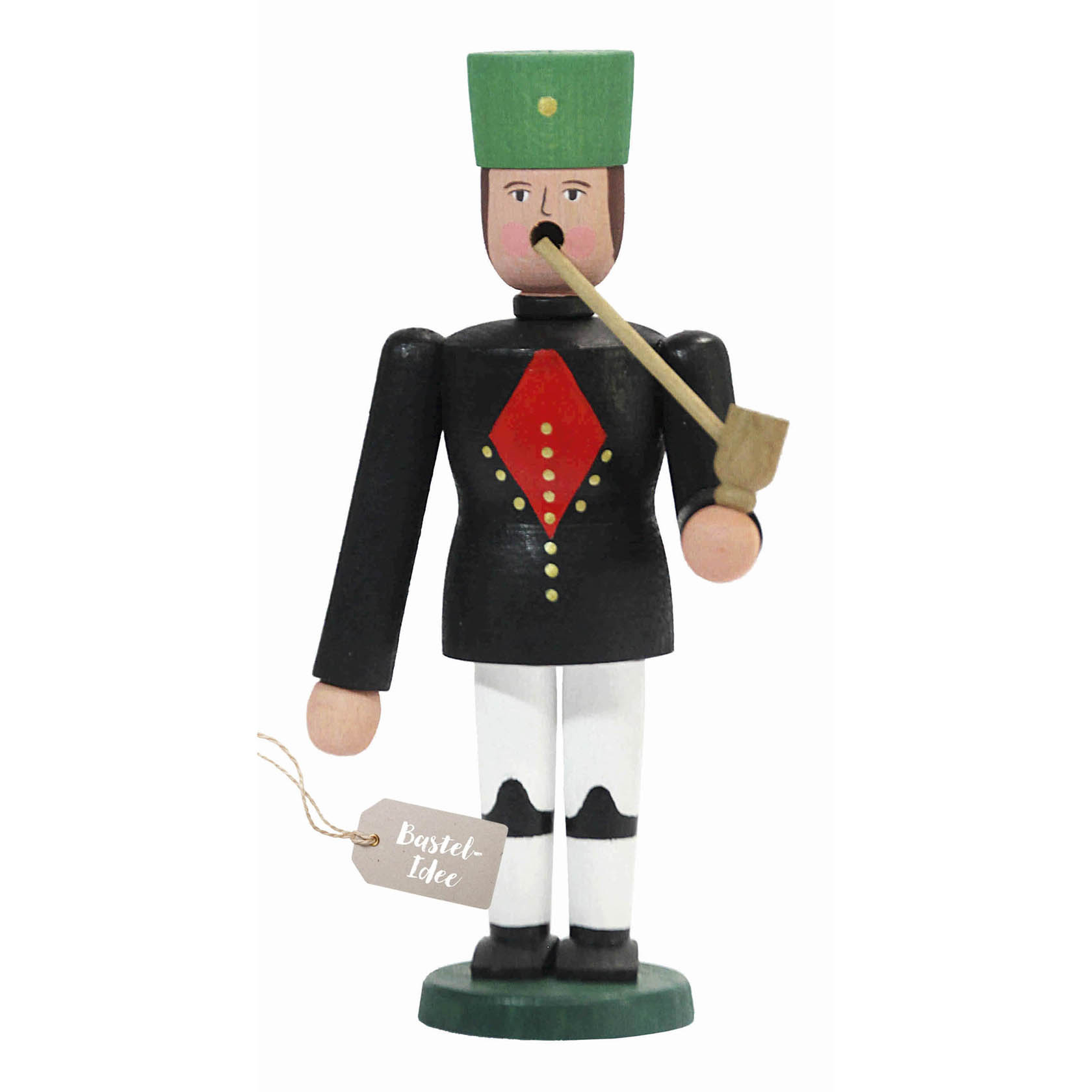 A traditional German smoking figure, Räuchermännchen, with a green hat, black coat, and holding a pipe. It stands on a green base with a tag reading 'Bastel-Idee'. im Dregeno Online Shop günstig kaufen