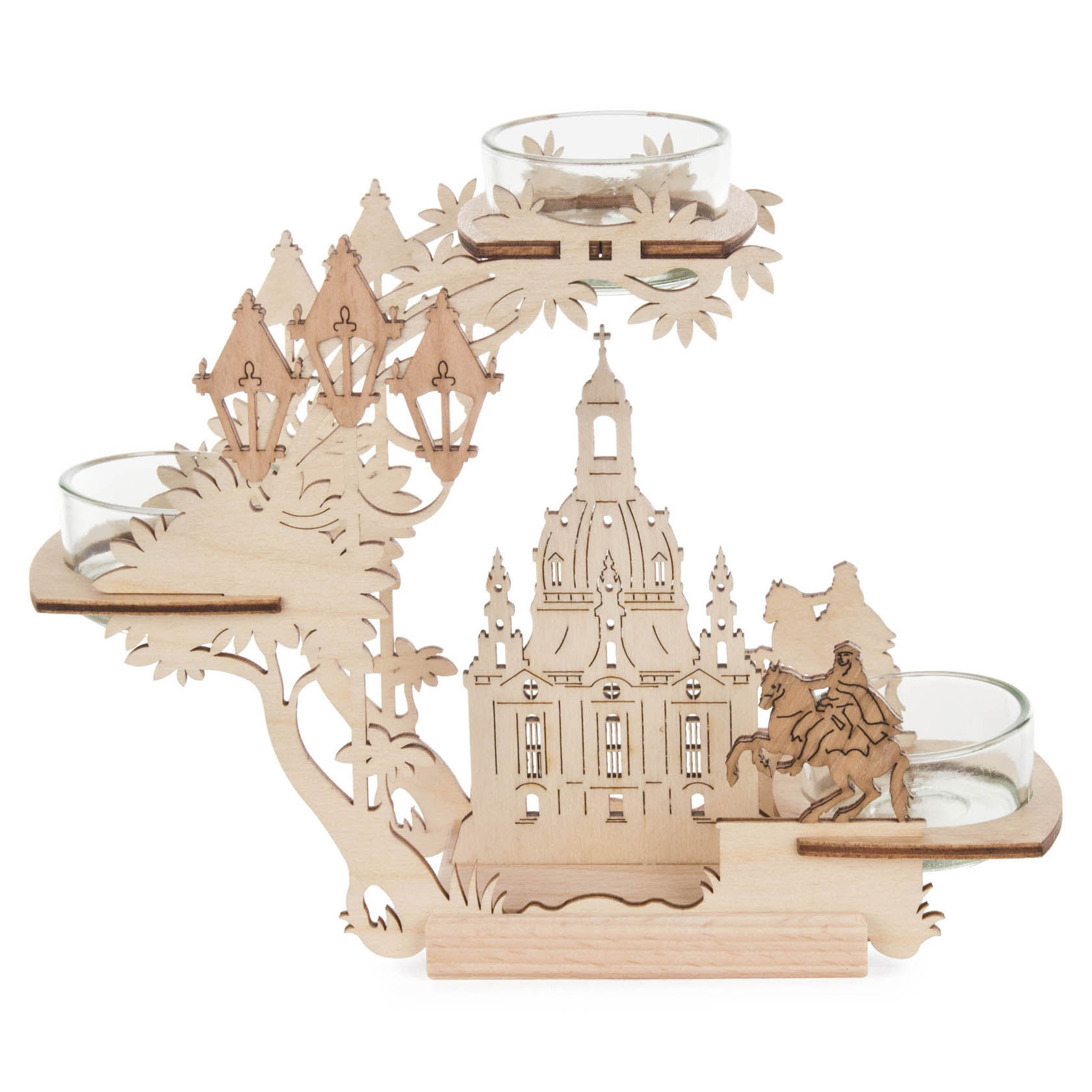 Holz-Teelichthalter mit der Silhouette der Frauenkirche Dresden, einem Reiter auf einem Pferd und dekorativen Laternen als Details. im Dregeno Online Shop günstig kaufen