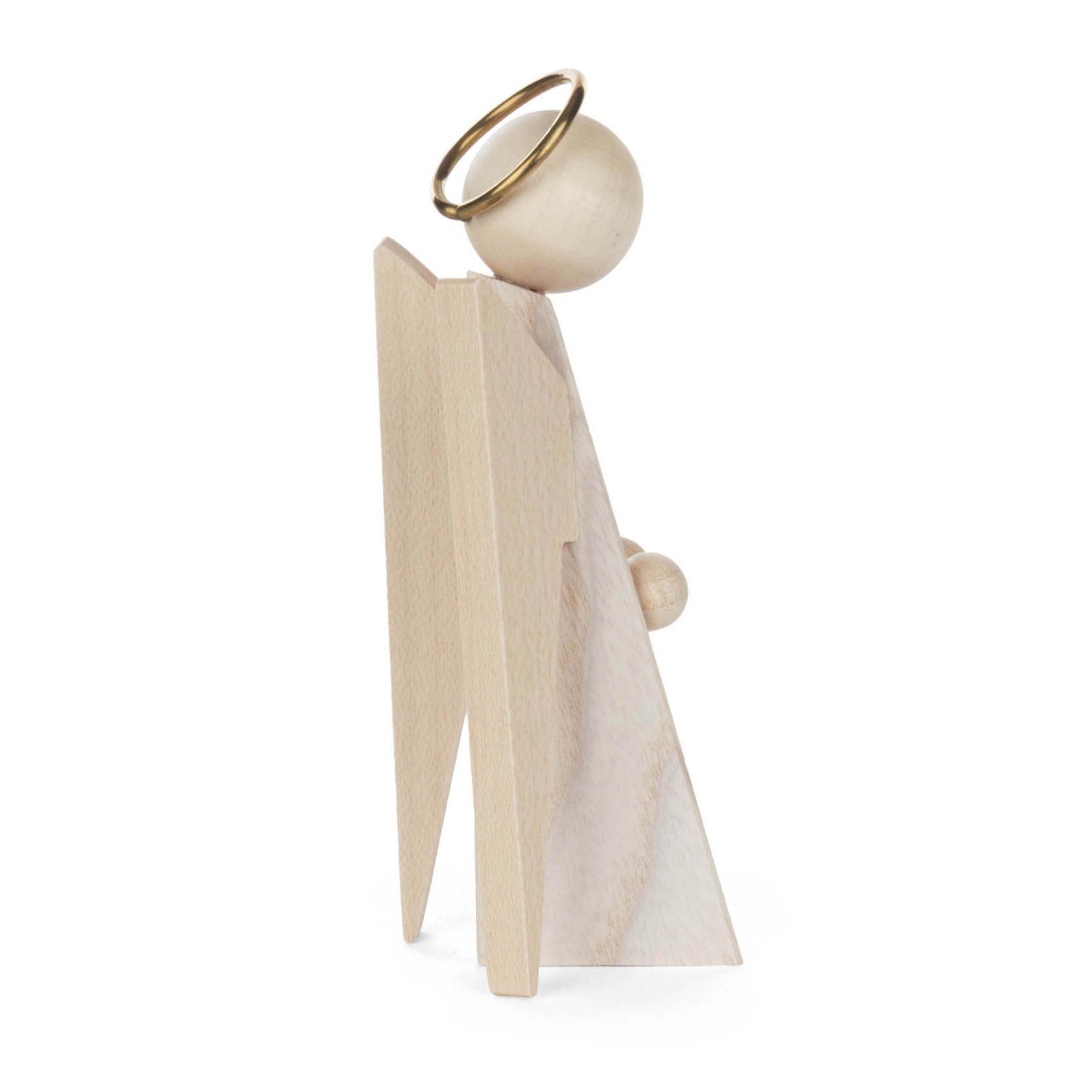 Minimalist wooden angel figurine with a halo, standing in profile view, featuring a spherical head and simplistic body design.