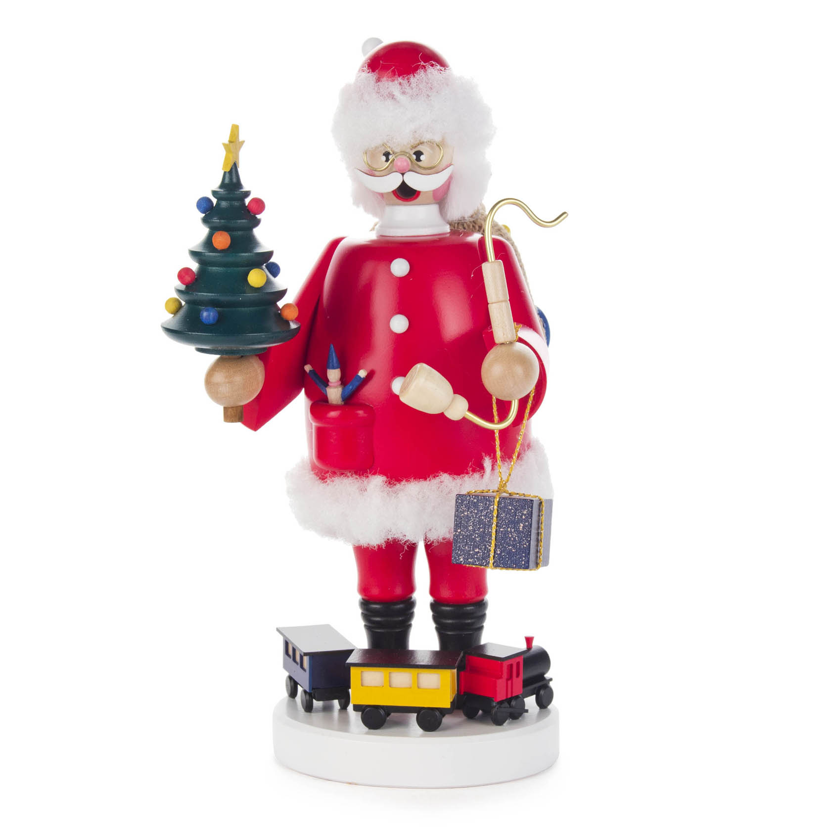 Christmas-themed incense smoker figurine of Santa Claus holding a Christmas tree and a gift bag, standing on a base with a toy train. im Dregeno Online Shop günstig kaufen