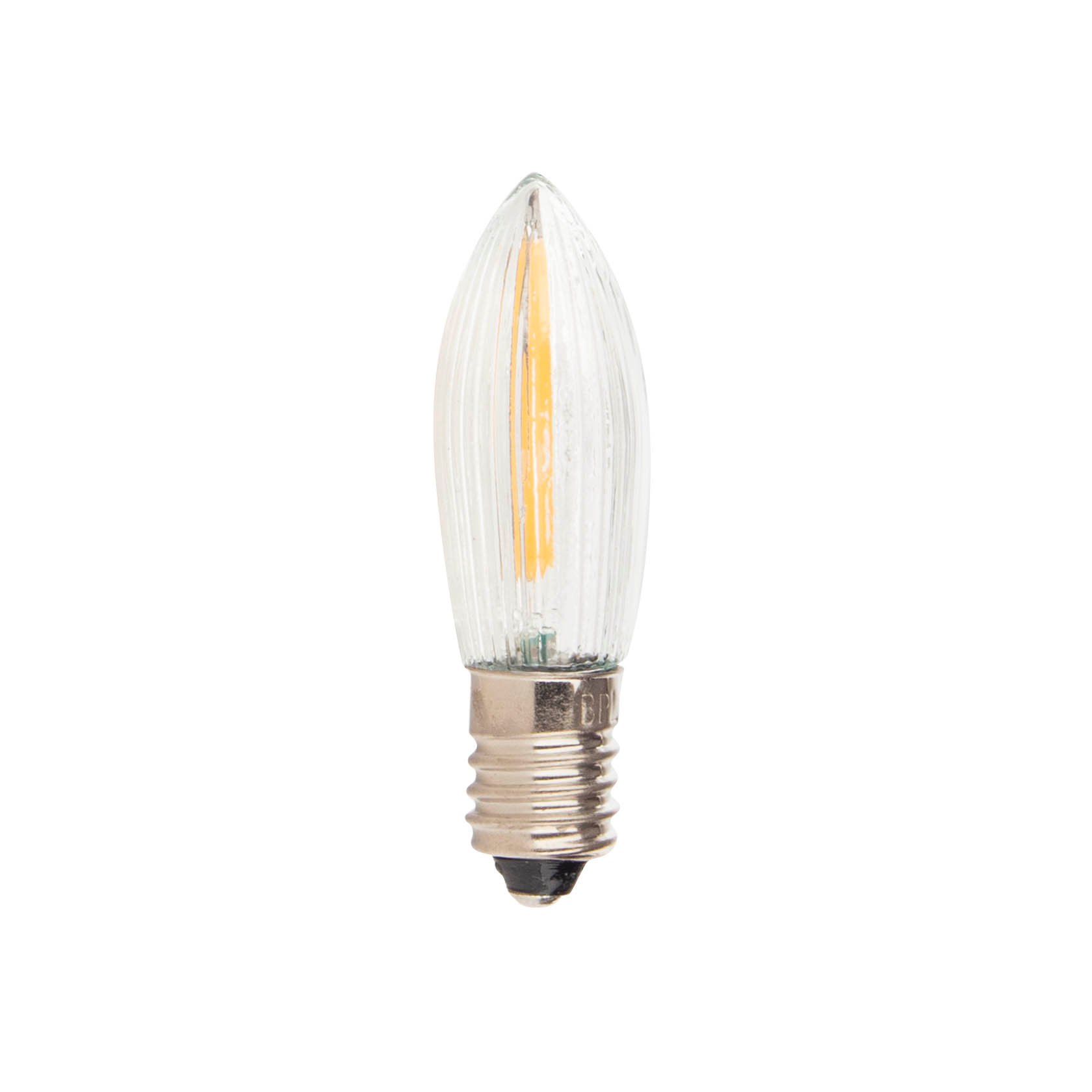 Eine klare Filament LED Riffelkerze mit E10-Sockel, die warmweißes Licht bietet. Sie hat eine Spannung von 12-55V und eine Leistung von 0,2W. im Dregeno Online Shop günstig kaufen