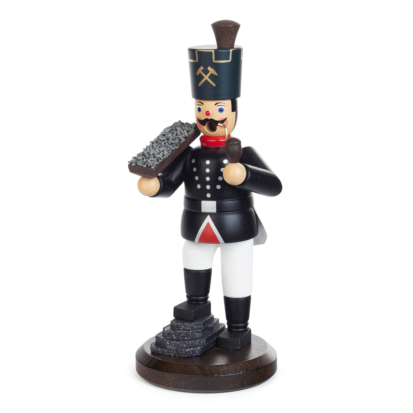 Holzfigur eines Räuchermanns in Form eines Bergmanns. Die Figur hält eine Erzschale und trägt eine Uniform mit schwarzer Jacke und weißer Hose.