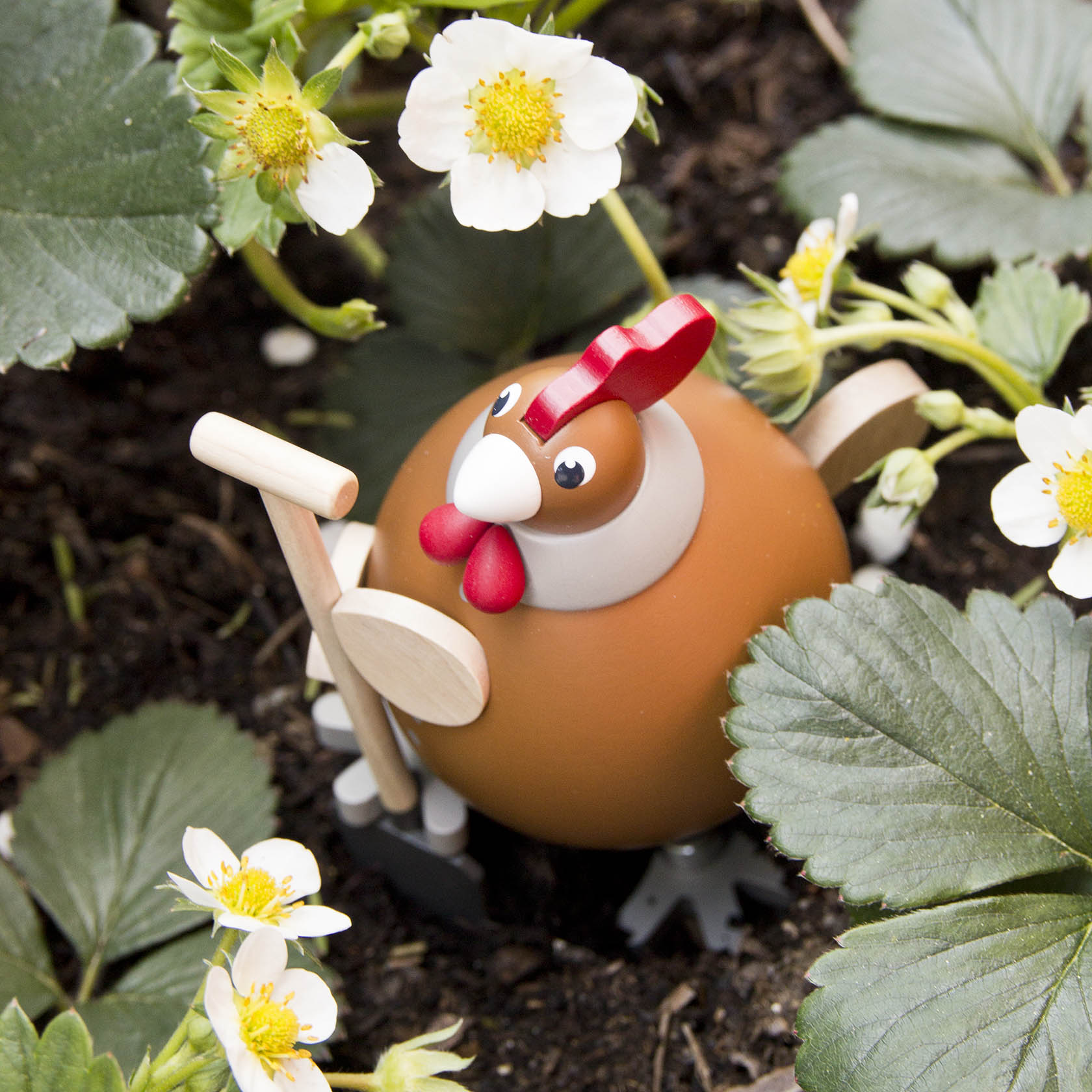 A small, round, cartoon-style chicken figure holding a rake and standing among strawberry plants with white flowers.