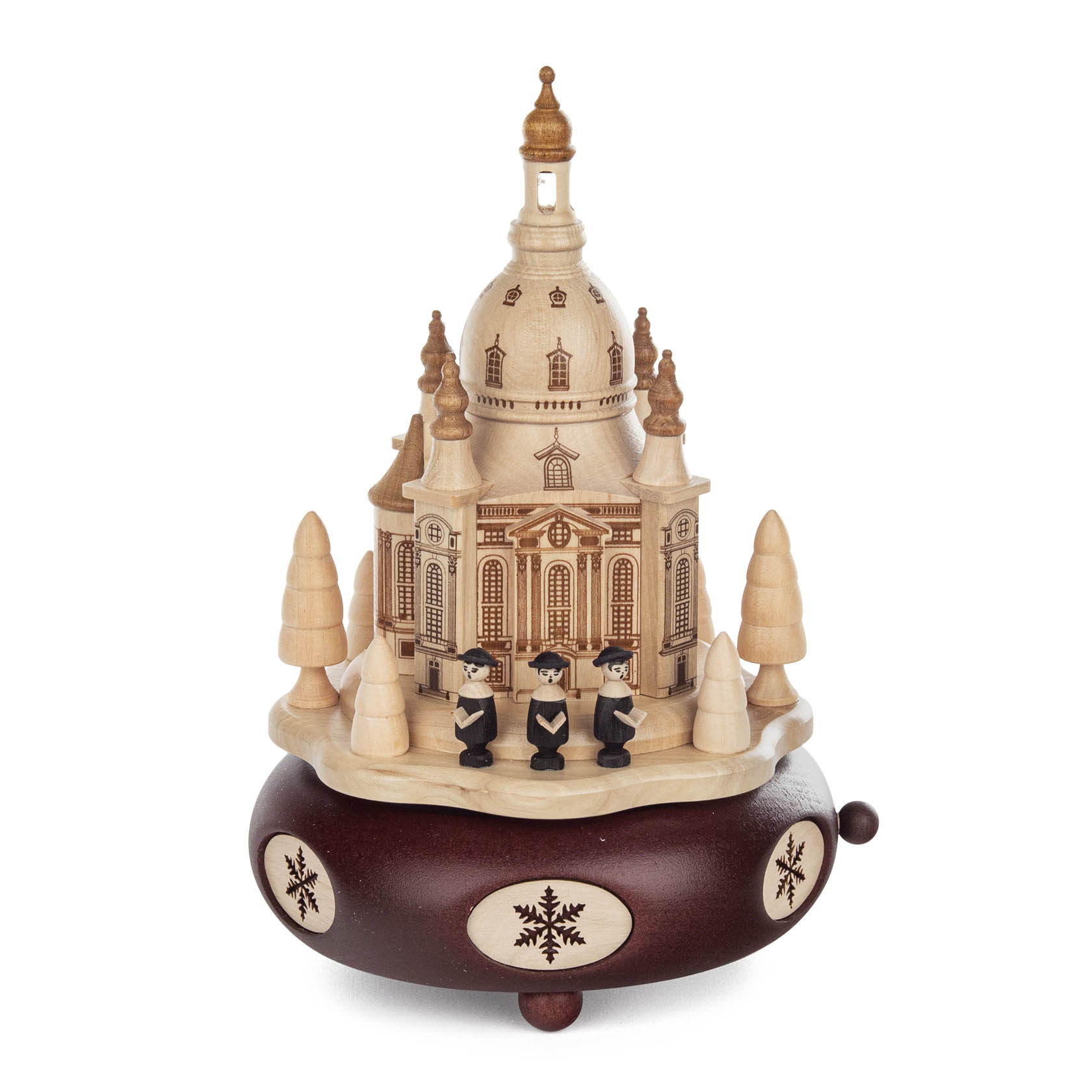 A wooden music box with a model of the Dresden Frauenkirche on top, surrounded by small trees and black-clad choir figurines. im Dregeno Online Shop günstig kaufen