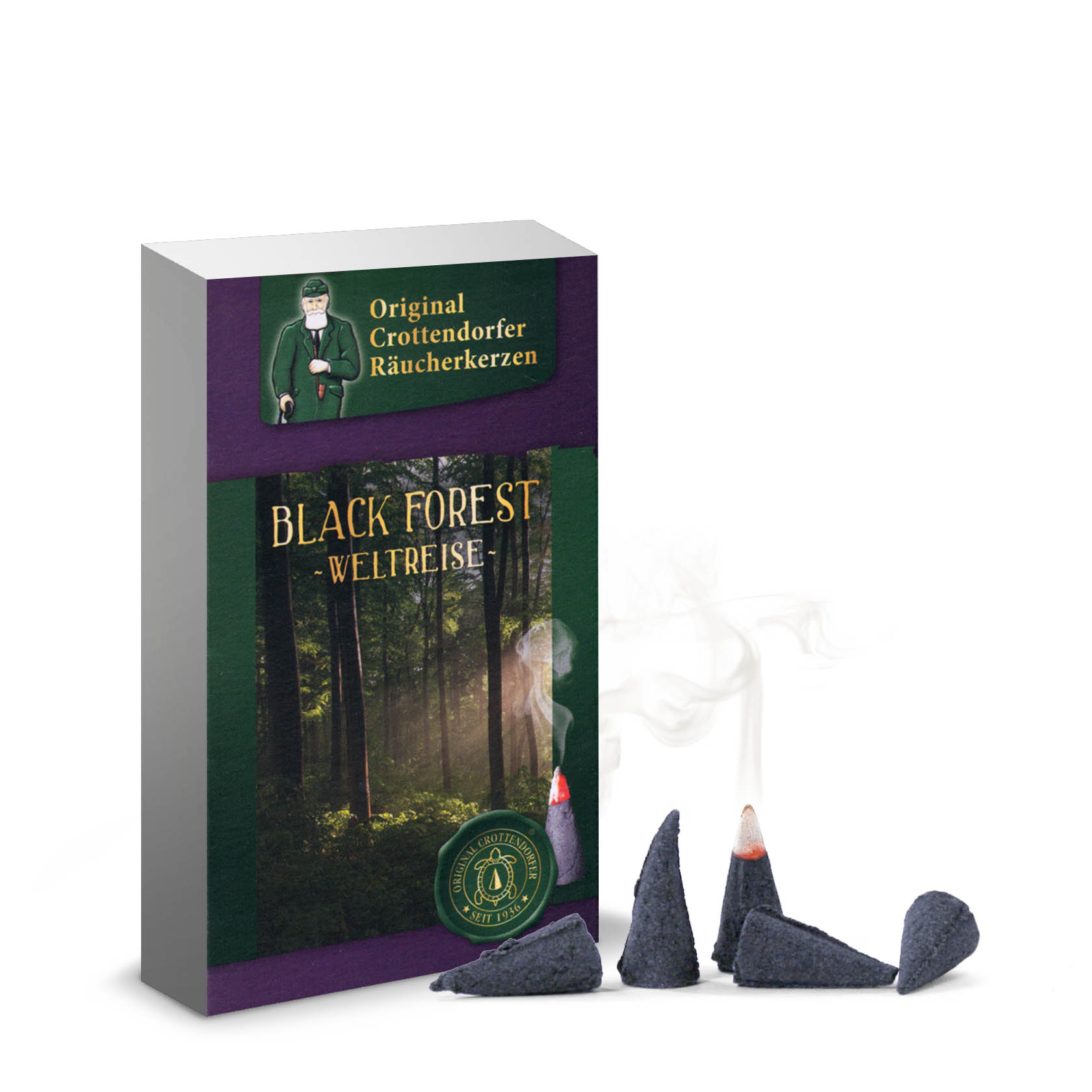 A box of Crottendorfer incense cones labeled 'Black Forest - Weltreise', with several dark-colored incense cones emitting smoke. im Dregeno Online Shop günstig kaufen
