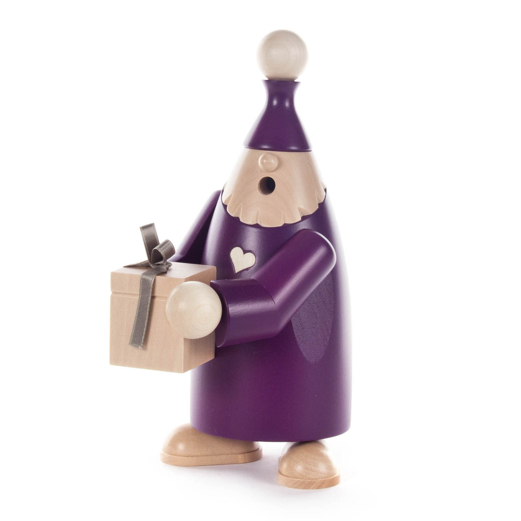 Ein violetter Räuchermann Wichtel namens Felix hält ein Geschenk in den Händen. Er hat einen Holzbart und trägt einen spitzen Hut.