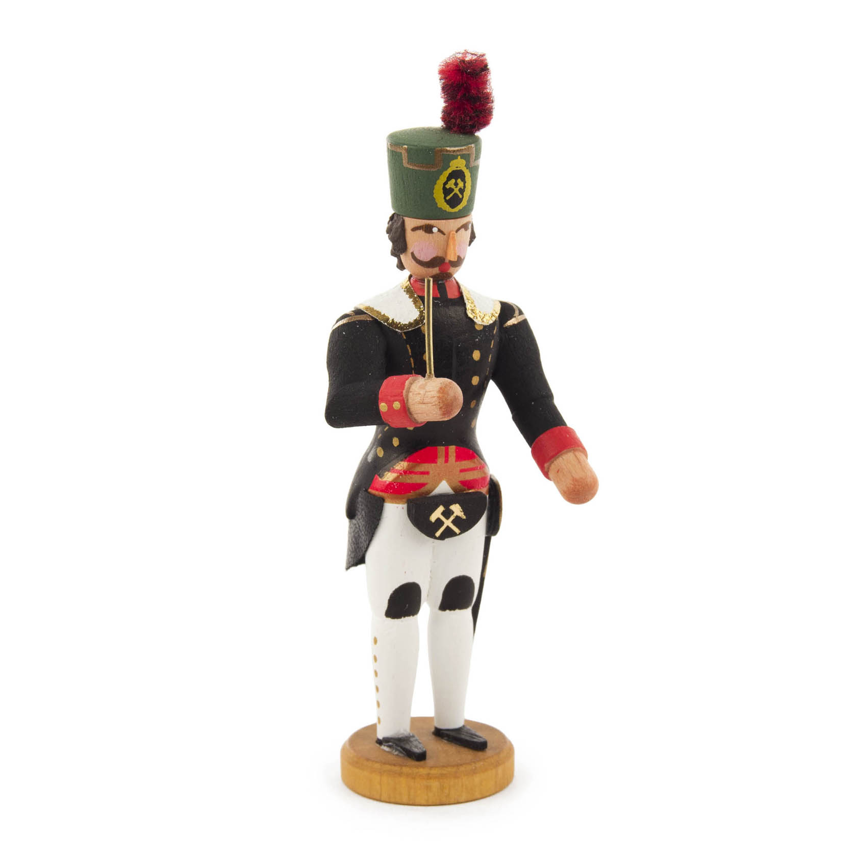 Holzfigur eines Bergmanns im Dirigentenstil mit grünem Hut, schwarzer Uniform und goldenen Verzierungen, auf einem Holzsockel stehend. im Dregeno Online Shop günstig kaufen