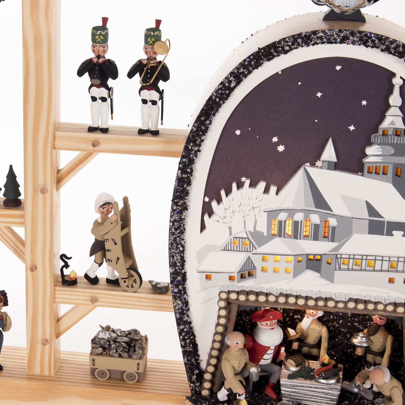 Schwibbogen "St. Wolfgangkirche zu Schneeberg" mit Bergwerk und Erzgebirgsfiguren, elektrisch beleuchtet
