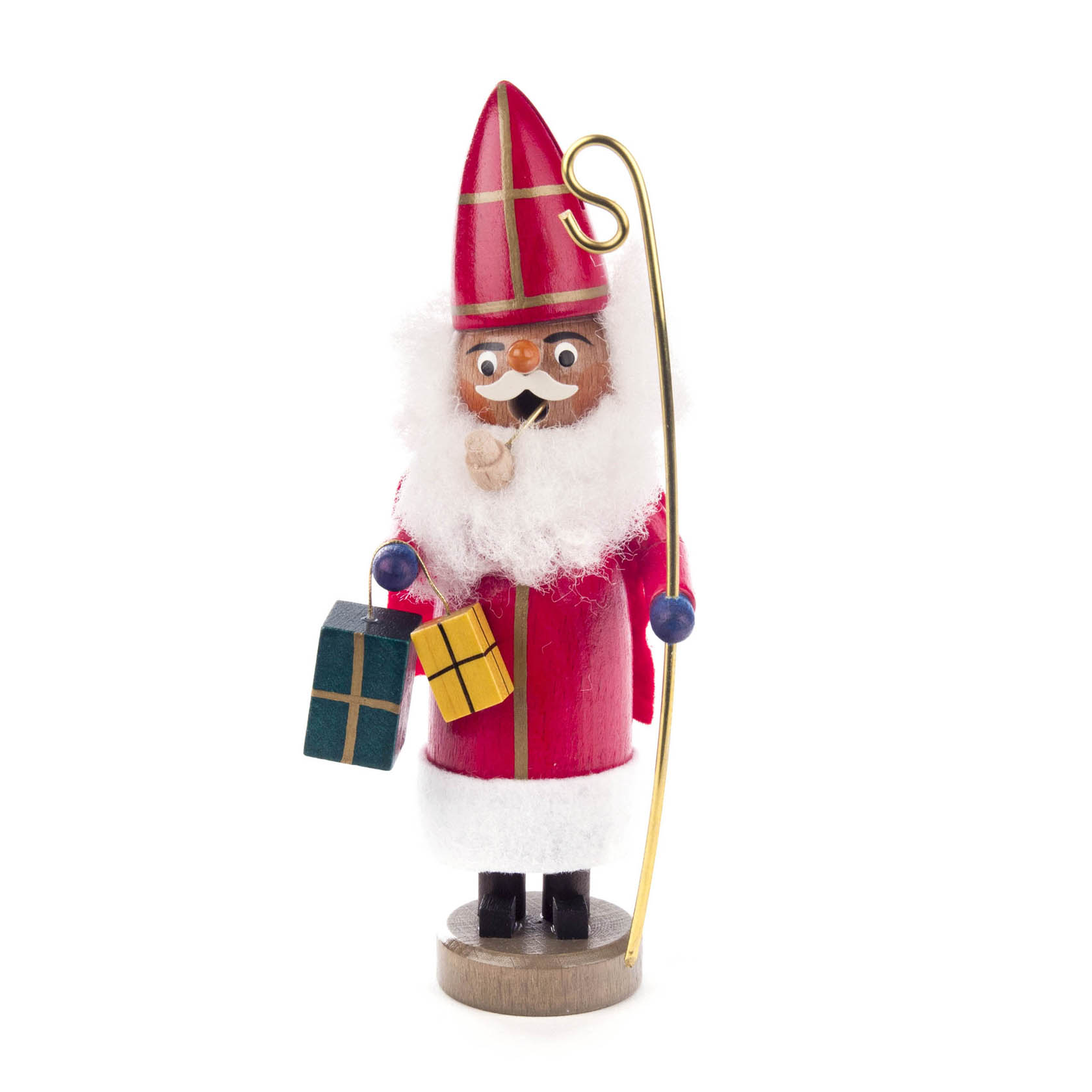 A mini St. Nicholas incense smoker figurine with a red coat, white beard, red hat, holding a shepherd's crook and gifts in both hands. im Dregeno Online Shop günstig kaufen