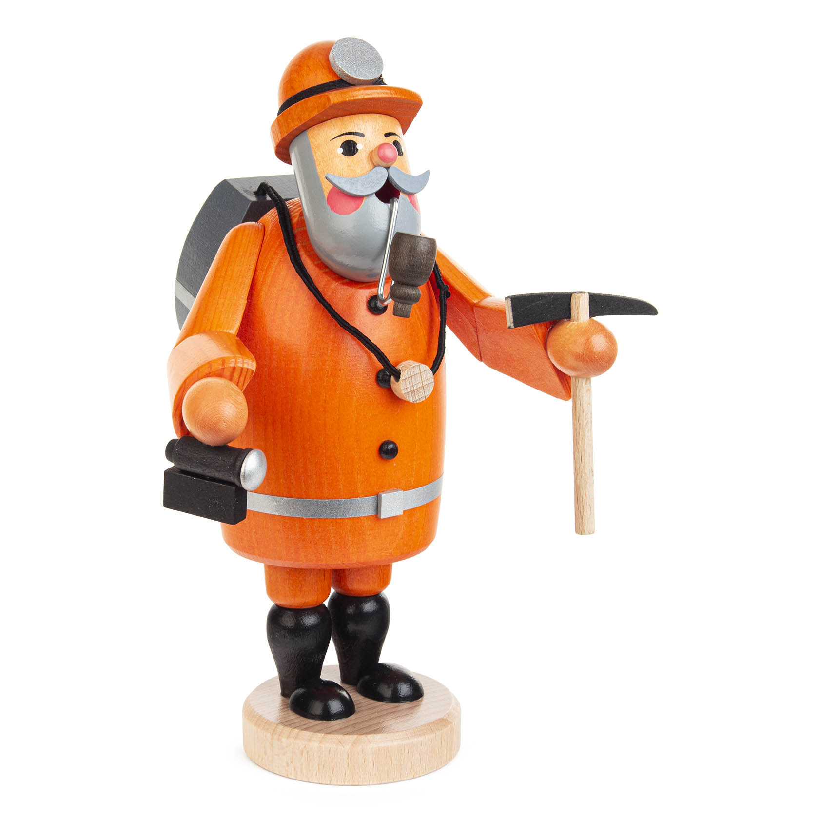 Wooden incense smoker figure of a miner rescuer in bright orange uniform with a pickaxe and a smoker's pipe, standing on a small round base. im Dregeno Online Shop günstig kaufen