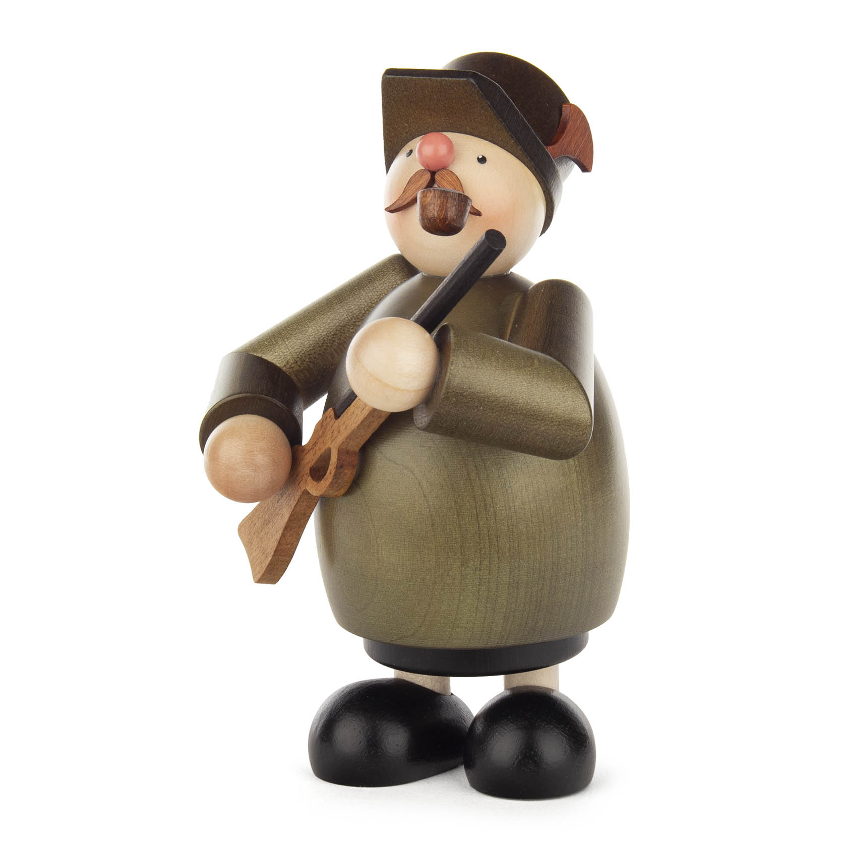 Ein traditioneller Räuchermann in Form eines Jägers aus Holz, mit Pfeife und Gewehr, bemalt in Grüntönen und mit schwarzem Hut.