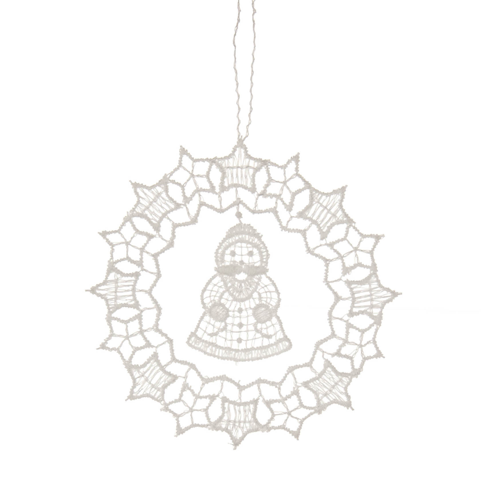 Weiße Spitze in Form eines Weihnachtsmanns in einer runden Spitze eingerahmt, hängend an einem Faden. im Dregeno Online Shop günstig kaufen