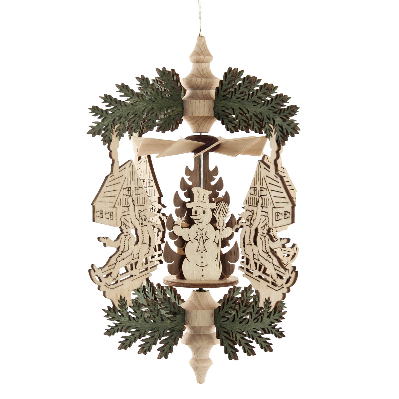 Wooden Christmas wreath with a rotating snowman, sledding children, and houses, adorned with green branches, designed for hanging.