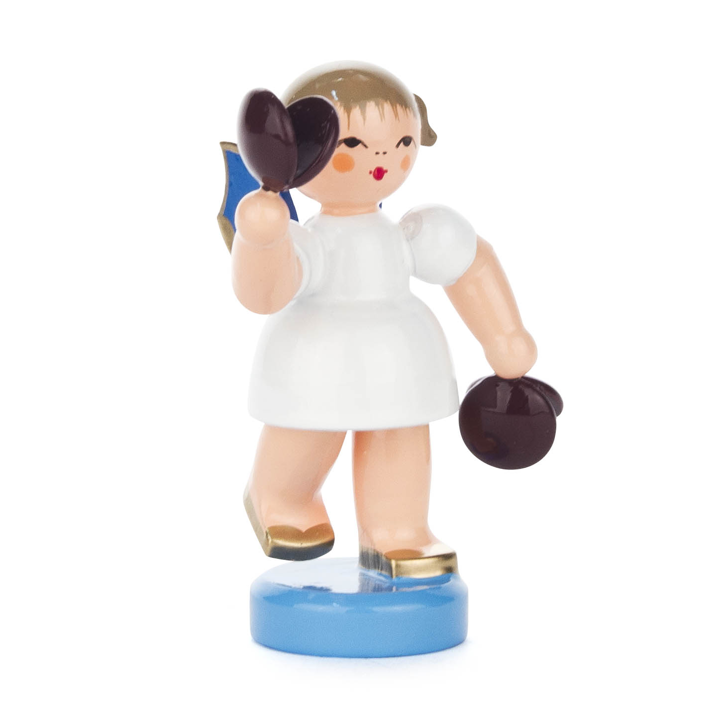 Holzfigur eines Engels mit blauen Flügeln, weißem Kleid und goldenen Schuhen, der Kastagnetten in den Händen hält. im Dregeno Online Shop günstig kaufen
