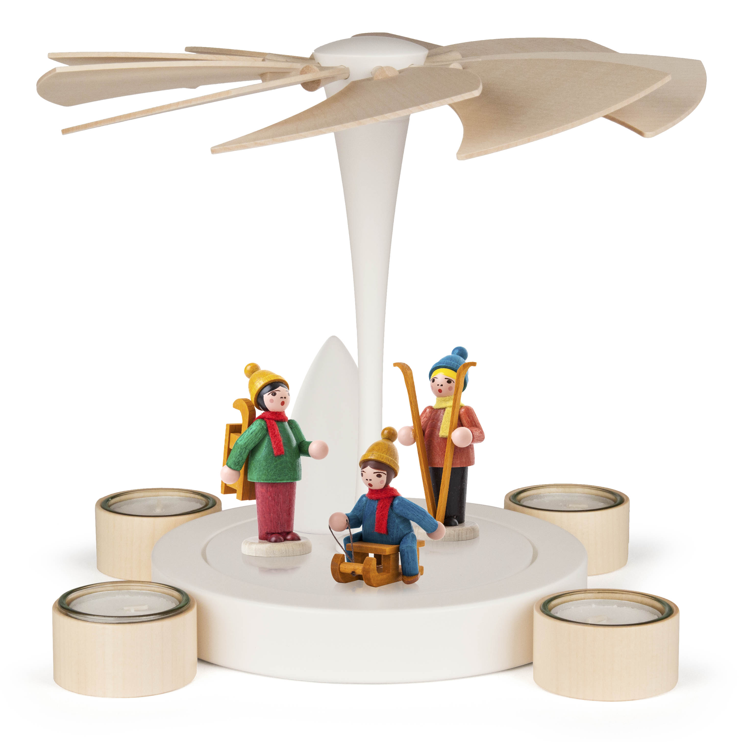 NOBILIS pyramid candle holder, white and natural wood, three wooden figures with winter sports items, spaces for tealights.