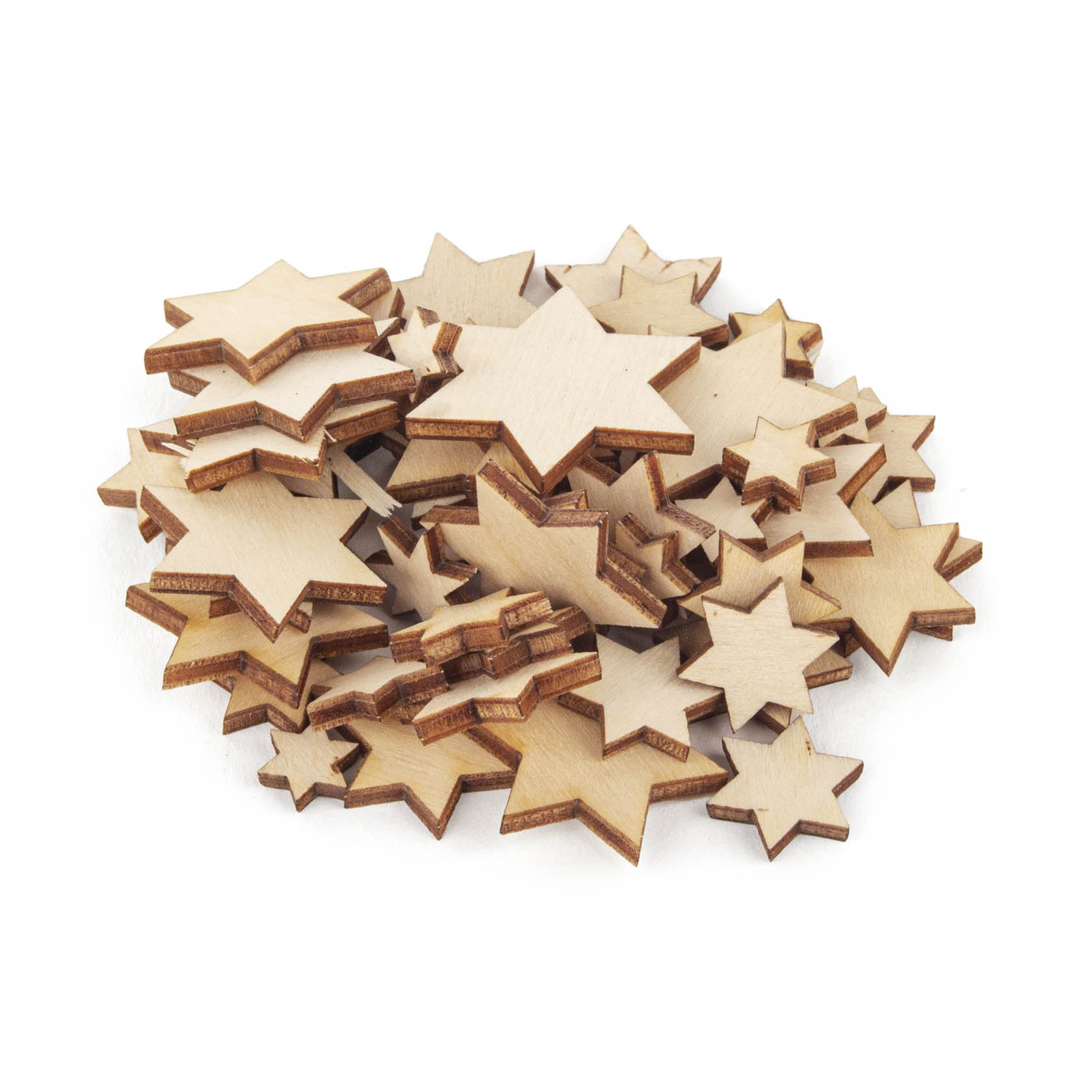 A pile of wooden star-shaped decorations in varying sizes. im Dregeno Online Shop günstig kaufen