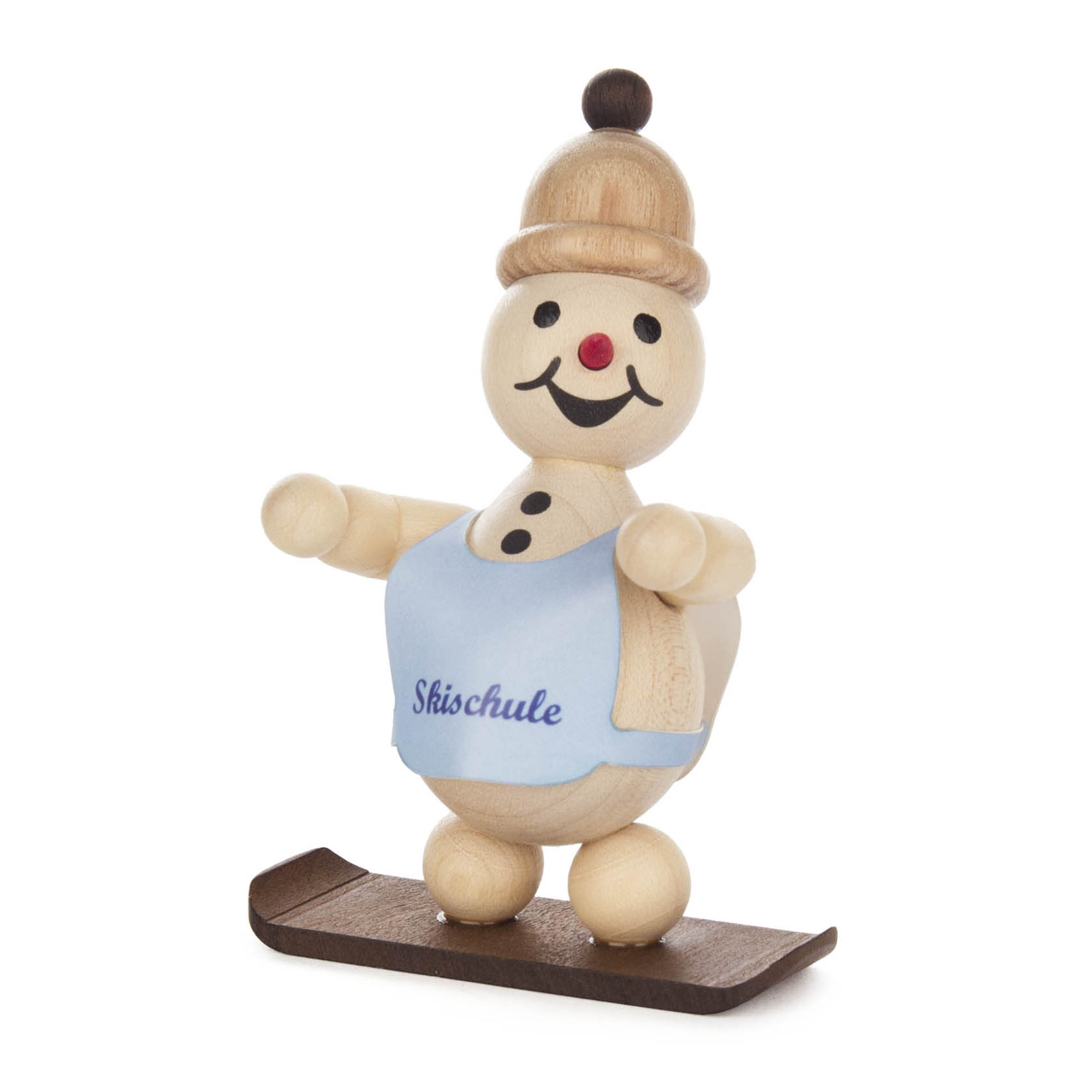 Adorable wooden snowman wearing a blue vest labeled 'Skischule' standing on a snowboard, with an enthusiastically painted face and a brown cap. im Dregeno Online Shop günstig kaufen
