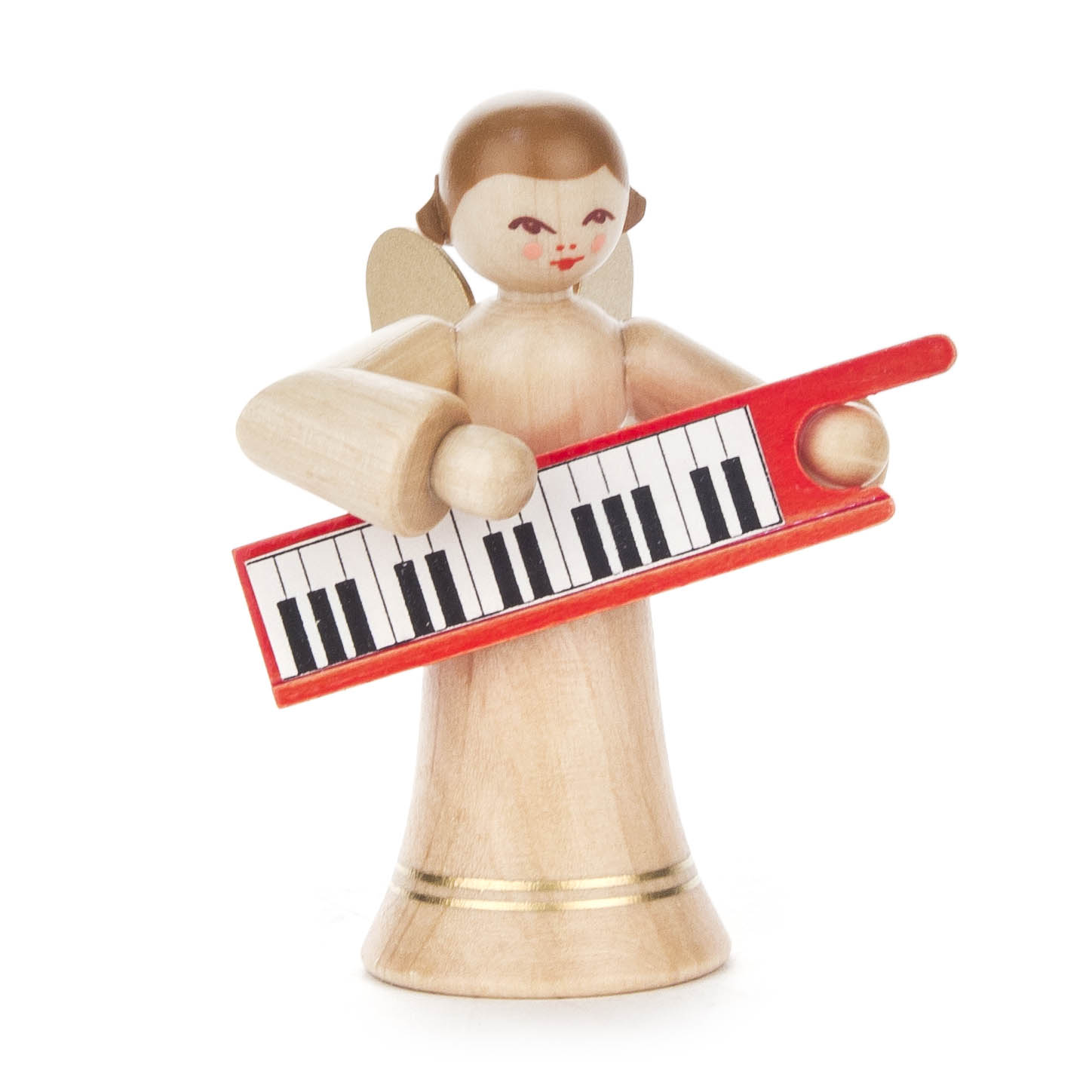 Holzengel mit langen Naturrock und goldener Verzierung, der ein rotes Keyboard hält. im Dregeno Online Shop günstig kaufen