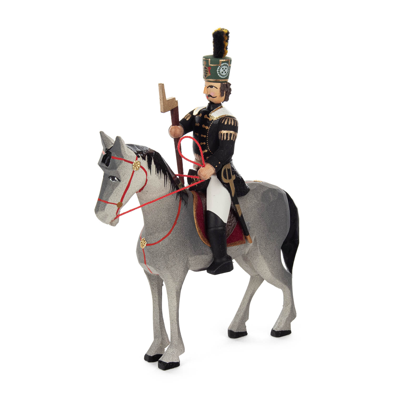 Figur eines Berggeschworenen in traditioneller Uniform sitzt auf einem grauen Pferd. Die Figur hält ein Symbolwerkzeug in der rechten Hand.