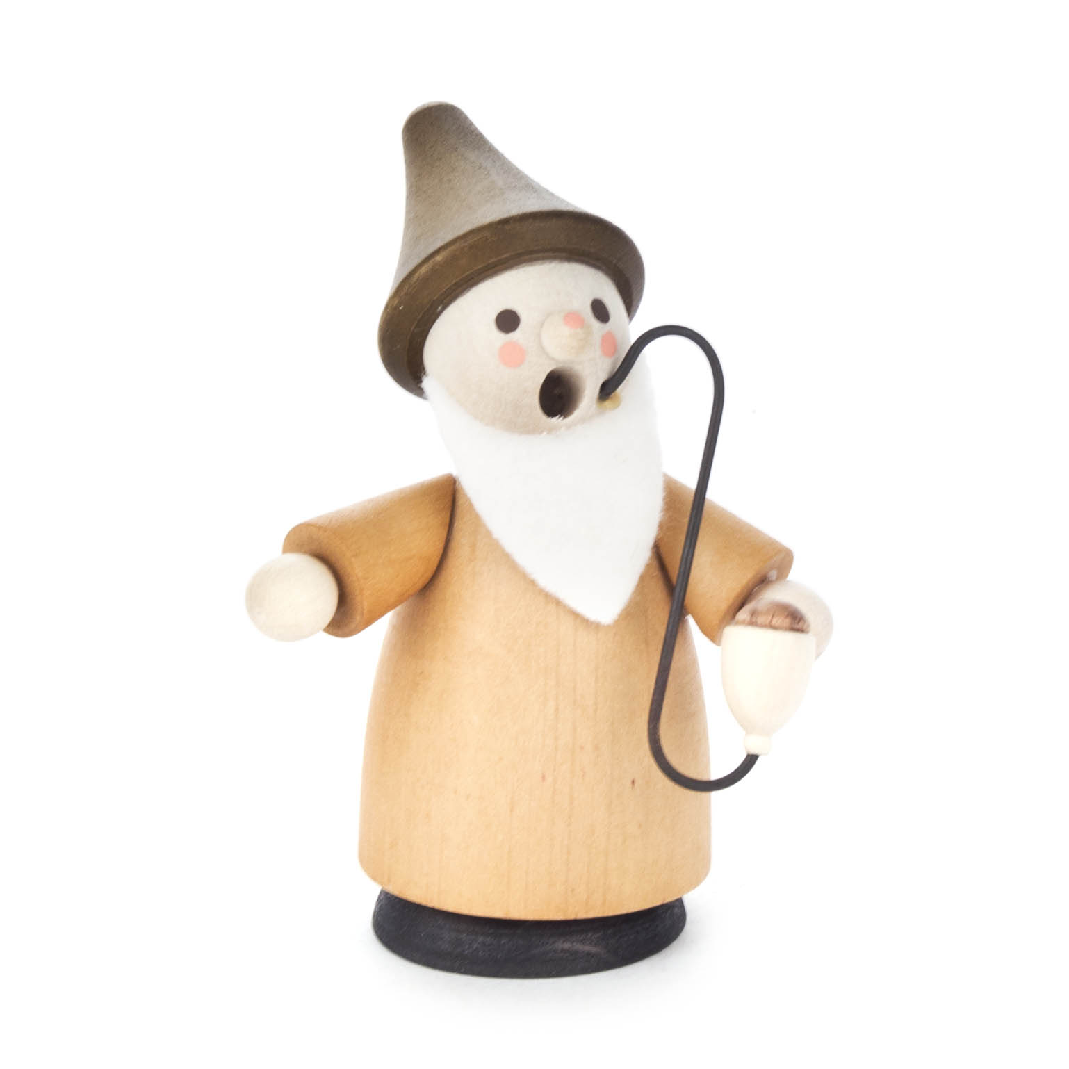 Holzfigur eines Mini-Räuchermanns in Form eines Wichtels, naturfarben, mit langem weißen Bart, spitzem Hut und Pfeife. im Dregeno Online Shop günstig kaufen