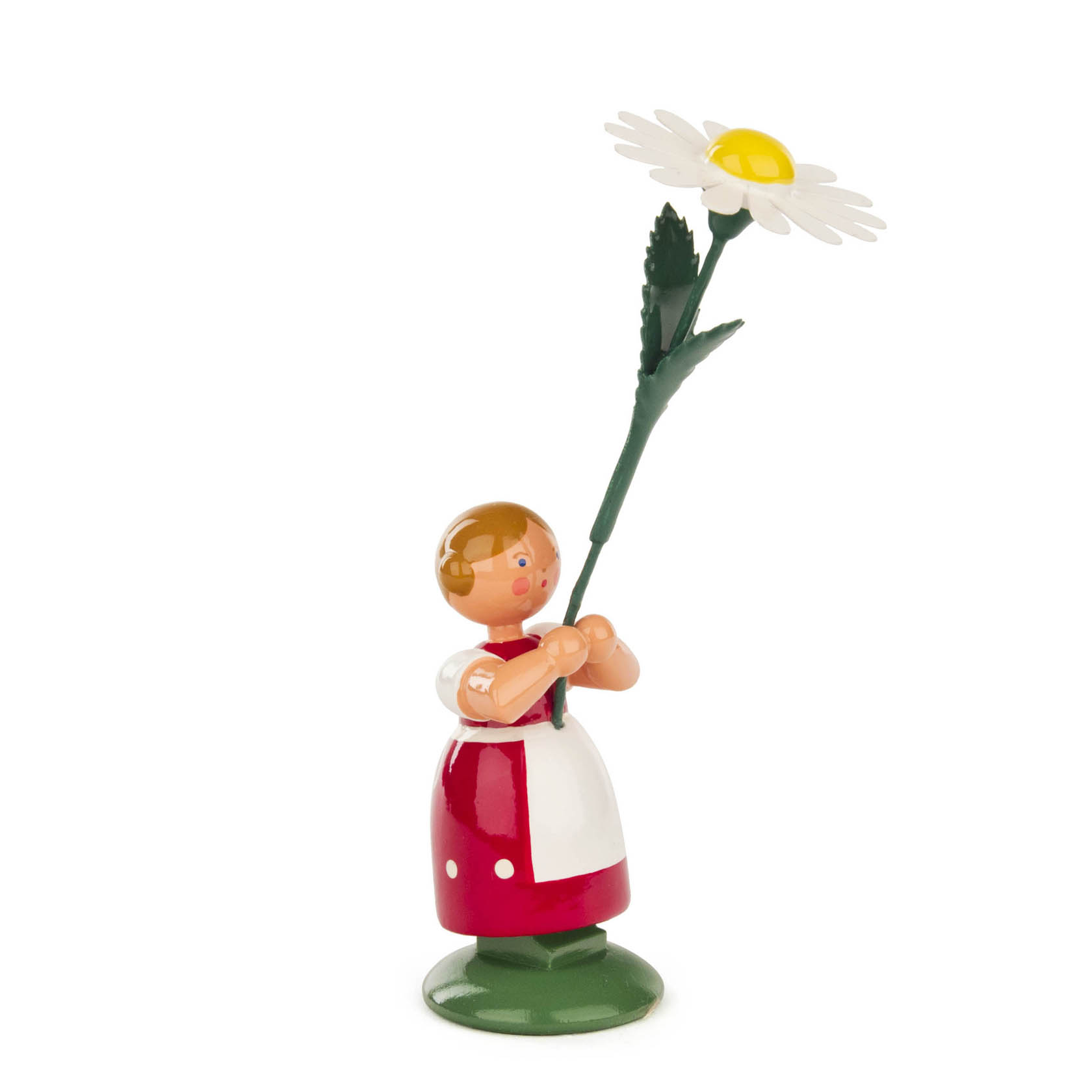 Wooden figurine of a girl in a red dress holding a large white daisy with a yellow center. im Dregeno Online Shop günstig kaufen