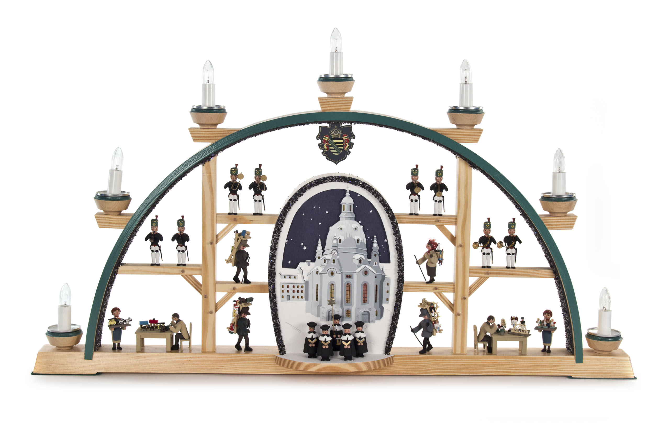 Schwibbogen mit Dresdner Frauenkirche, Kurrende und Erzgebirgsfiguren, elektrisch beleuchtet