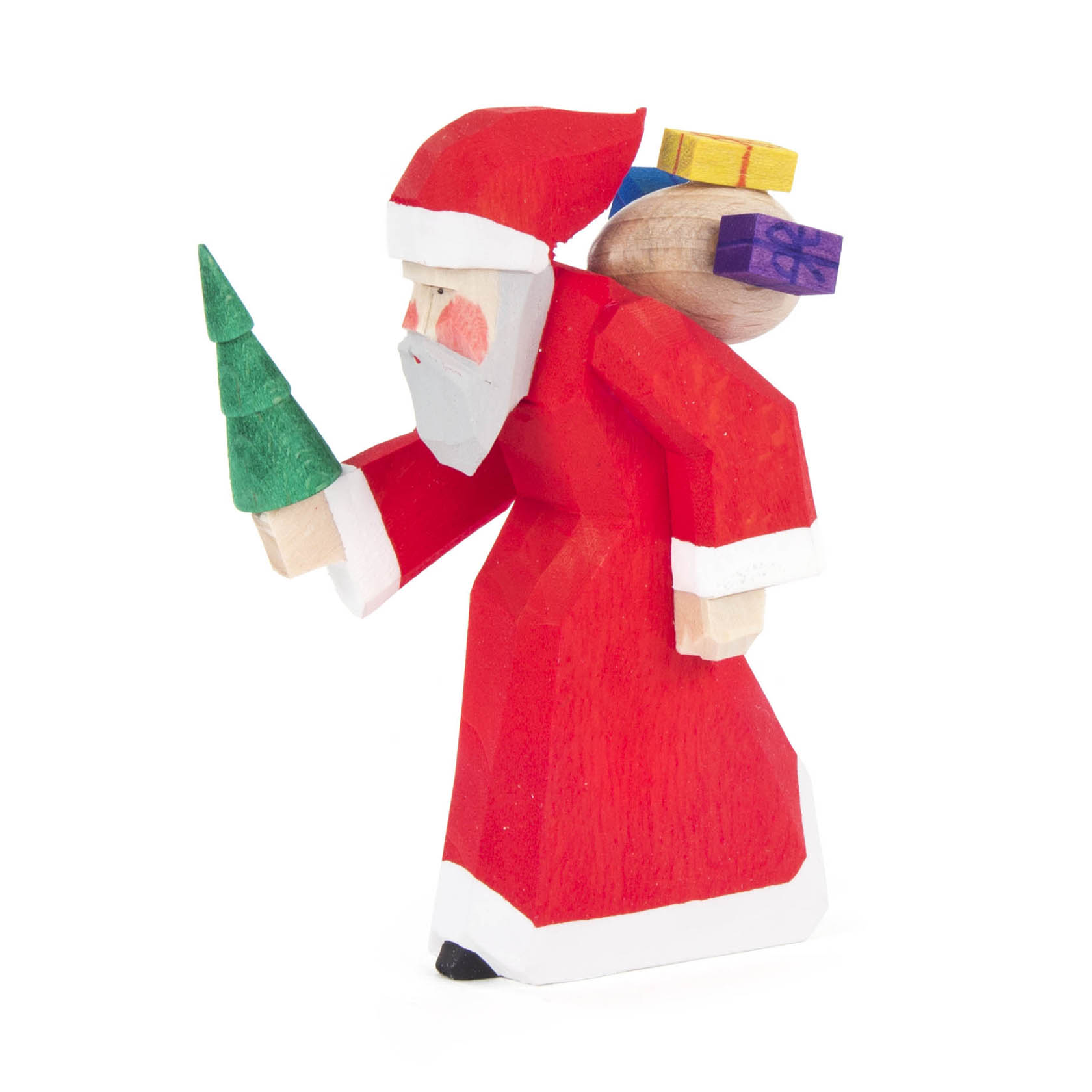 Weihnachtsmann mit Geschenken und Baum, geschnitzt