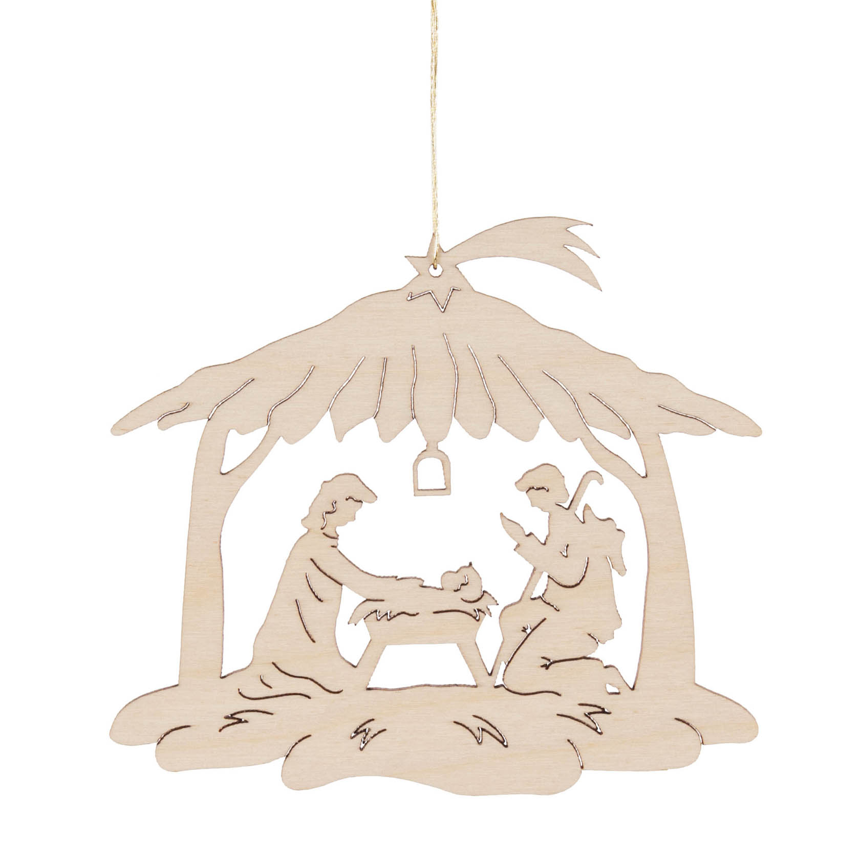 Holzdeko mit der Darstellung der Geburt Christi: Maria, Josef und das Jesuskind in einer Krippe unter einem Stall mit einem Stern darüber. im Dregeno Online Shop günstig kaufen