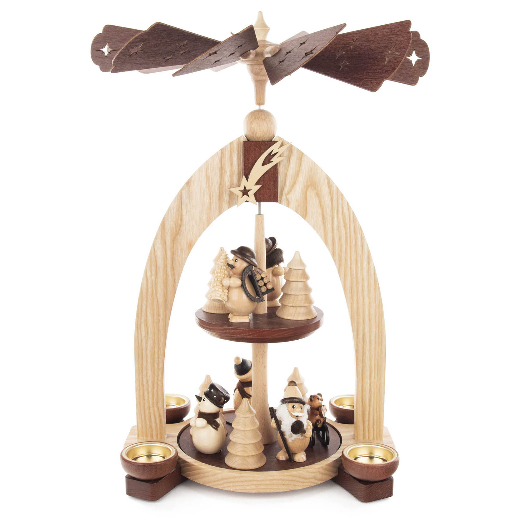 Two-tiered wooden Christmas pyramid with Santa Claus and snowmen figurines, designed for tealight candles. Features natural wood finish with a wooden rotor on top. im Dregeno Online Shop günstig kaufen