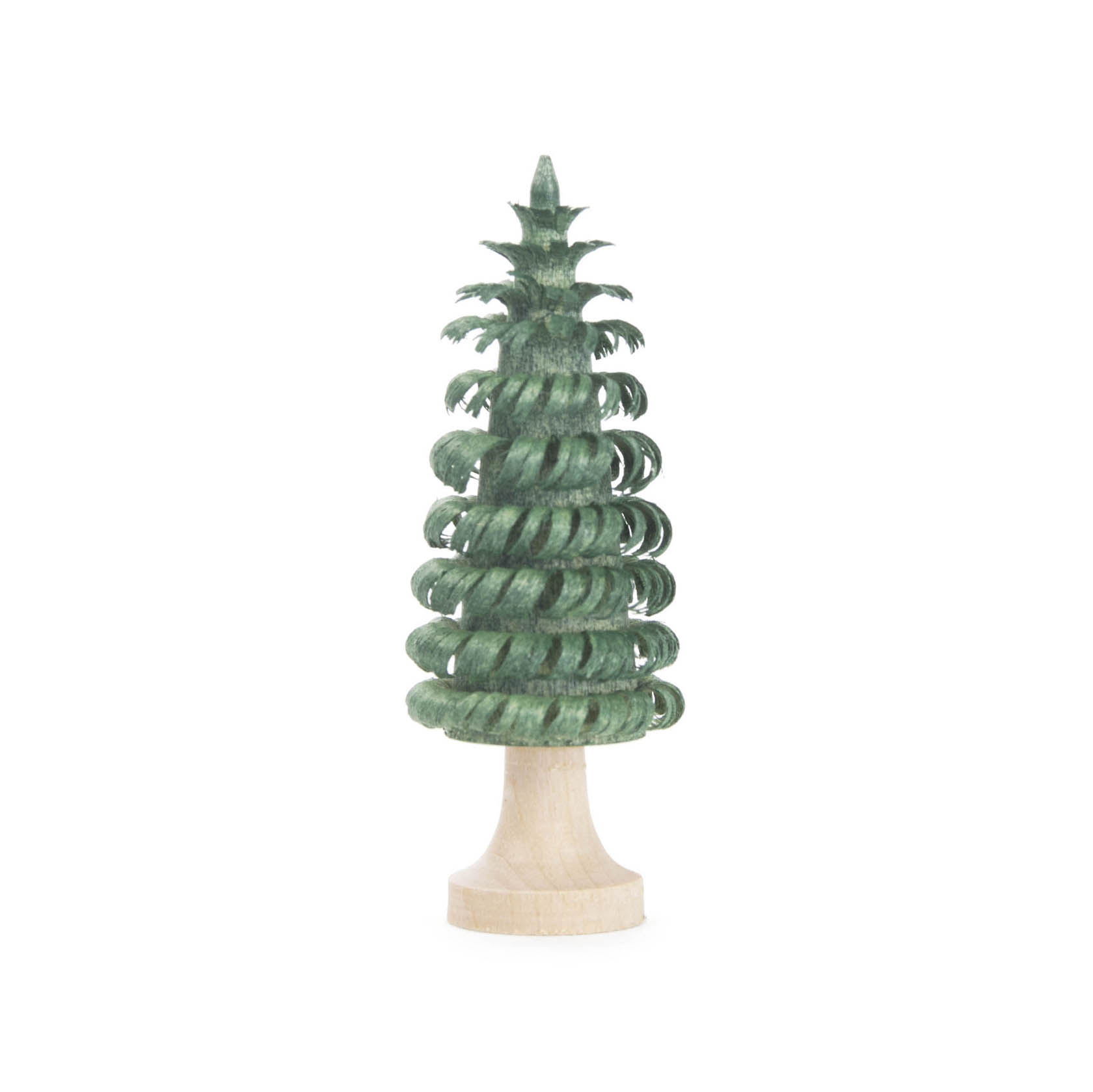 A small 6cm tall green spiral tree with a wooden trunk. The tree has circular rings giving it a unique, layered appearance. im Dregeno Online Shop günstig kaufen