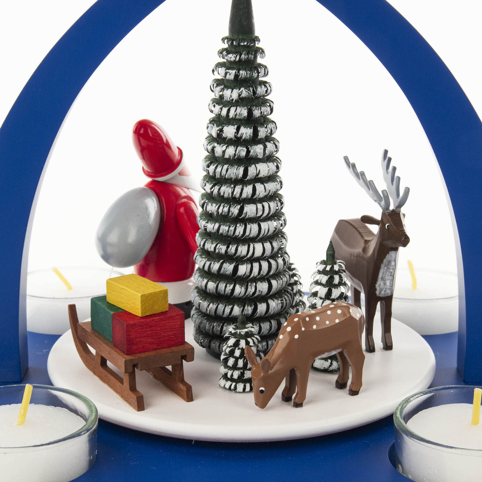 Pyramide mit Weihnachtsmann und Waldtieren, blau,  für Teelichte