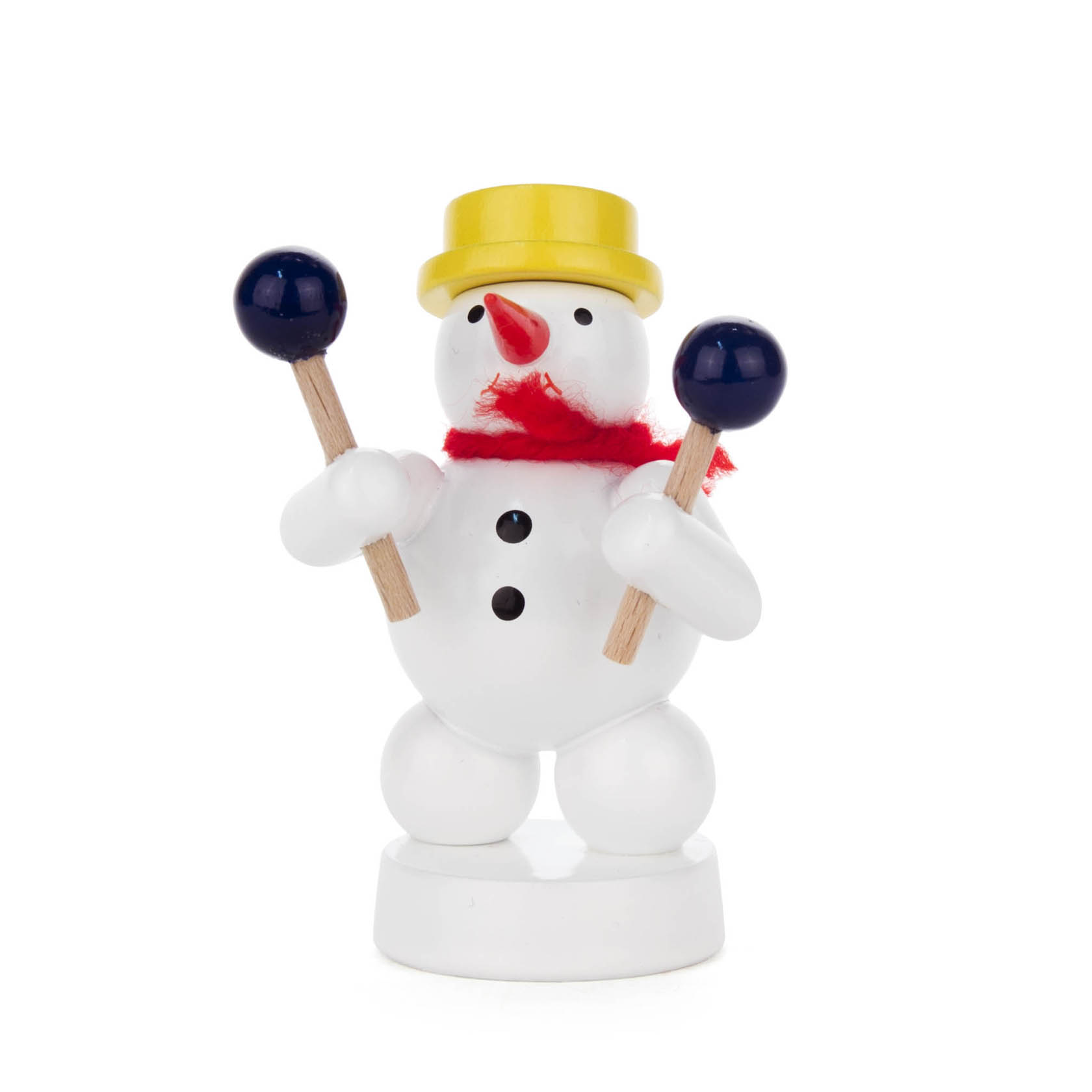 Kleiner Schneemann mit gelbem Hut und rotem Schal, haltend zwei schwarze Rumbakugeln. im Dregeno Online Shop günstig kaufen