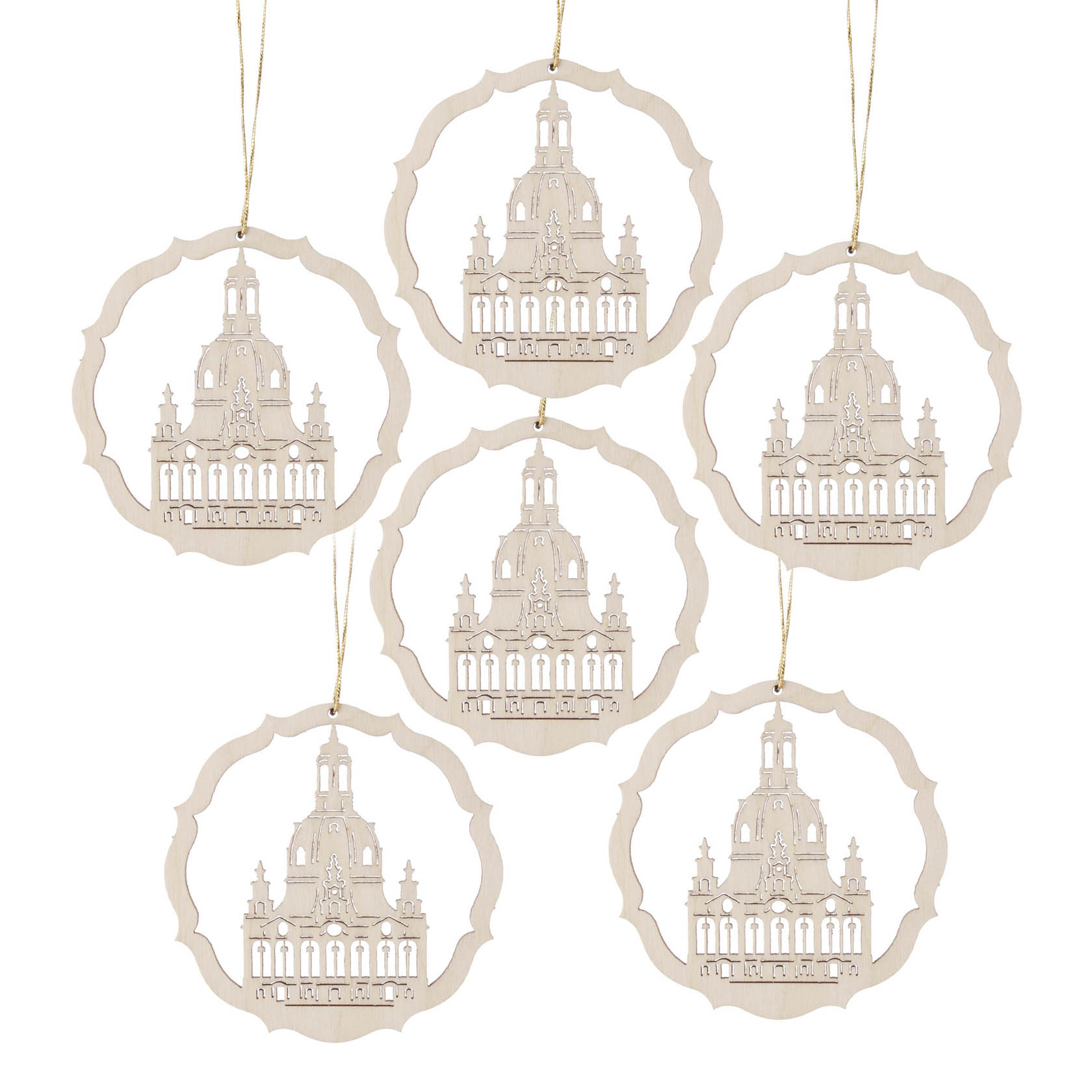 Sechs hölzerne Weihnachtsanhänger mit der Silhouette der Dresdner Frauenkirche in einem runden Rahmen. im Dregeno Online Shop günstig kaufen
