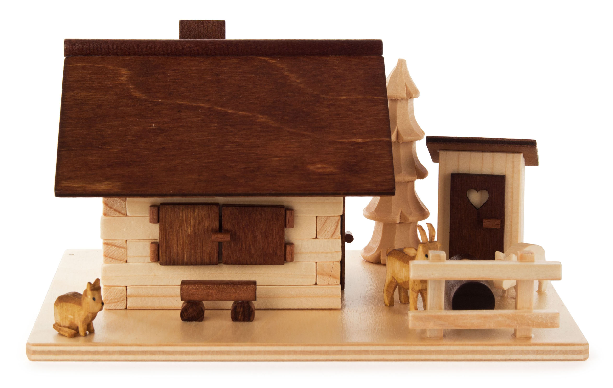 Wooden toy depicts a small smoking house with a dark roof, small wooden animals, a pine tree, and a miniature outhouse.