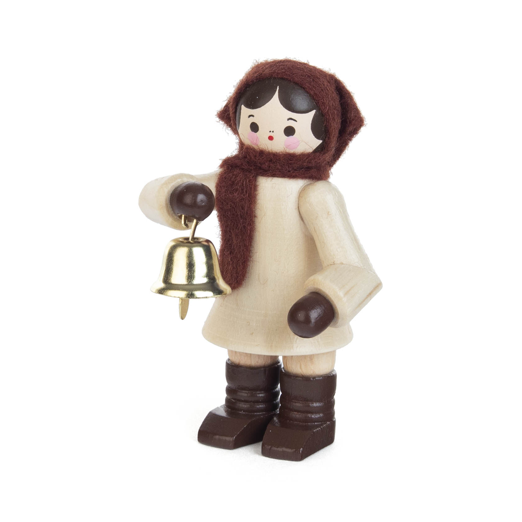 Kleine Holzfigur eines Mädchens mit Schal und Kopftuch, hält eine goldene Glocke in der rechten Hand. im Dregeno Online Shop günstig kaufen