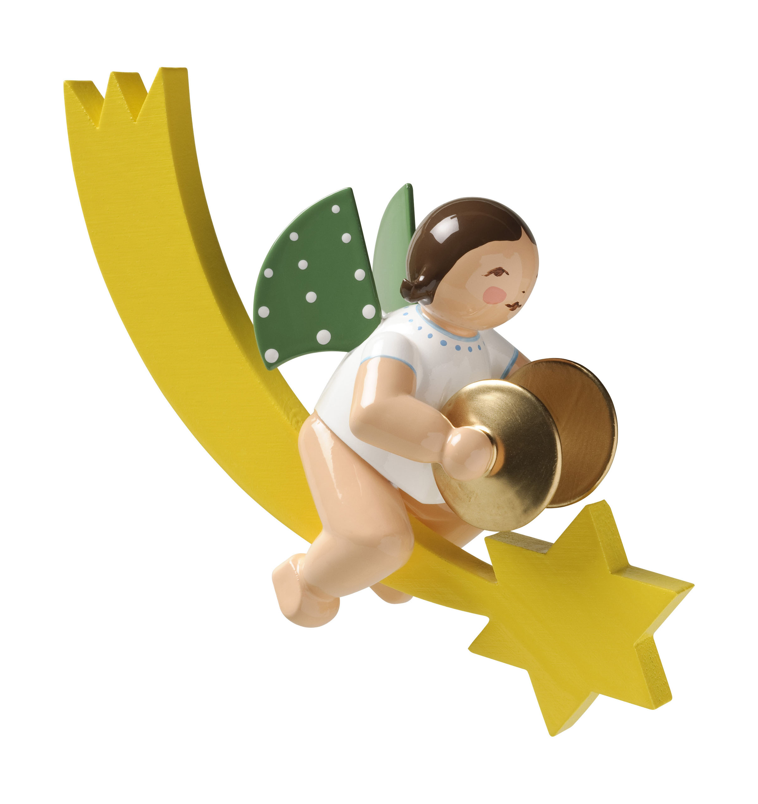 Holzengel mit grünen Flügeln und weißen Punkten, hält goldene Becken, sitzt auf einem gelben Schweif mit Stern. im Dregeno Online Shop günstig kaufen