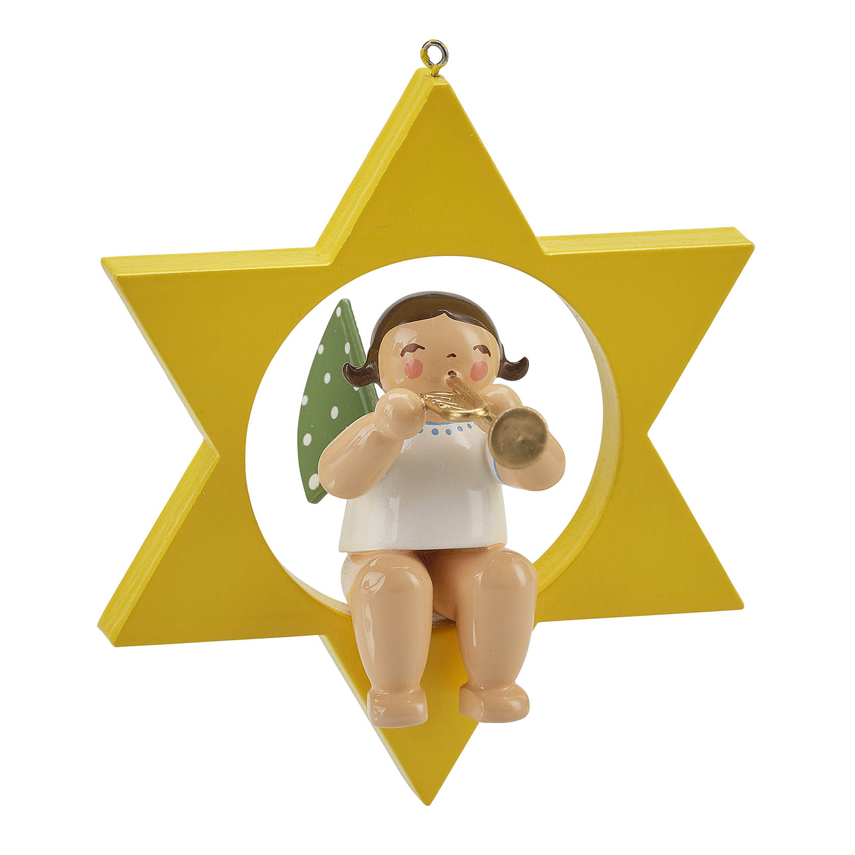 Holzengel mit grünen Flügeln spielt Trompete und sitzt in einem gelben Stern. im Dregeno Online Shop günstig kaufen