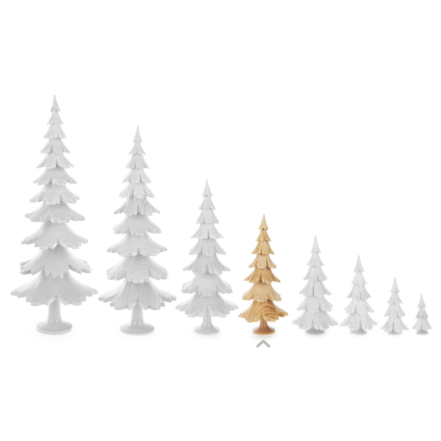 Nine handcrafted wooden trees in a row, with the fourth tree from the left being natural wood color and the rest painted white, gradually decreasing in size.