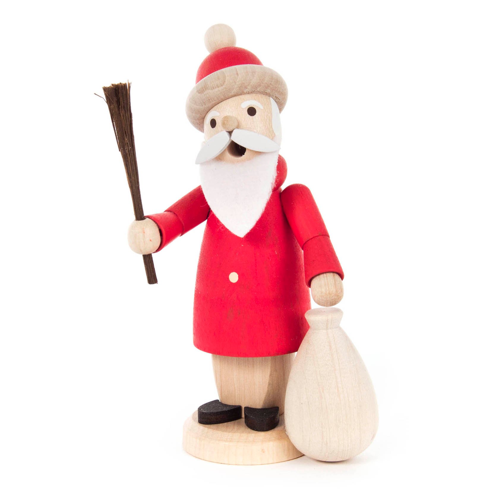 Eine Mini-Räuchermannfigur namens Ruprecht aus Holz, gekleidet in einem roten Mantel und Hut, trägt einen Bart, hält ein Bündel Ruten in einer Hand und einen Sack in der anderen. im Dregeno Online Shop günstig kaufen