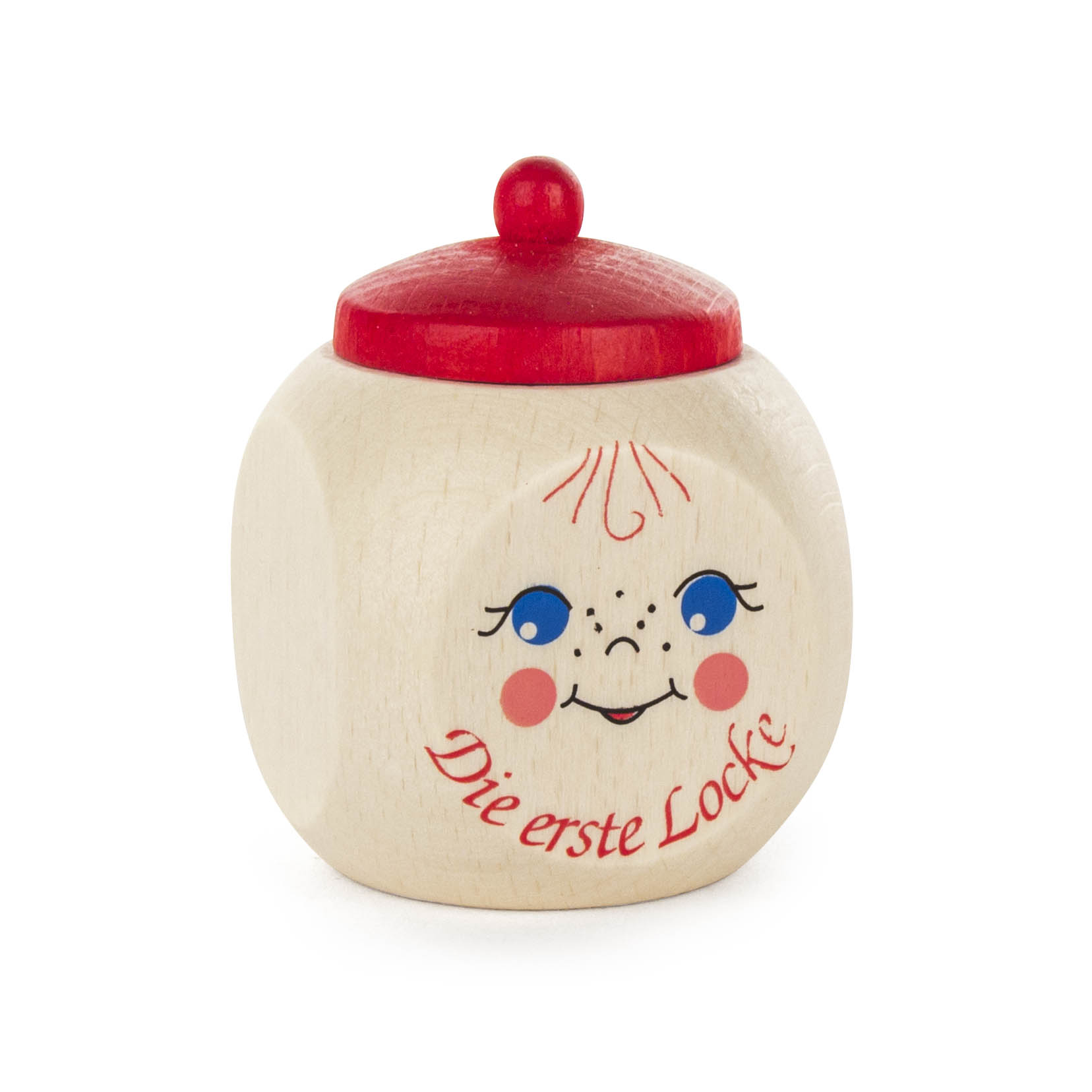 Holzdose mit rotem Deckel und lachendem Gesicht. Sie ist mit dem Text 'Die erste Locke' verziert und kann die erste Haarlocke eines Babys aufbewahren.
