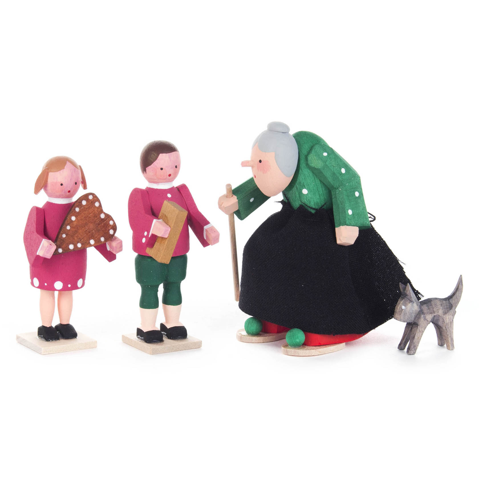 Hexe mit Kater, Hänsel und Gretel, geschnitzt