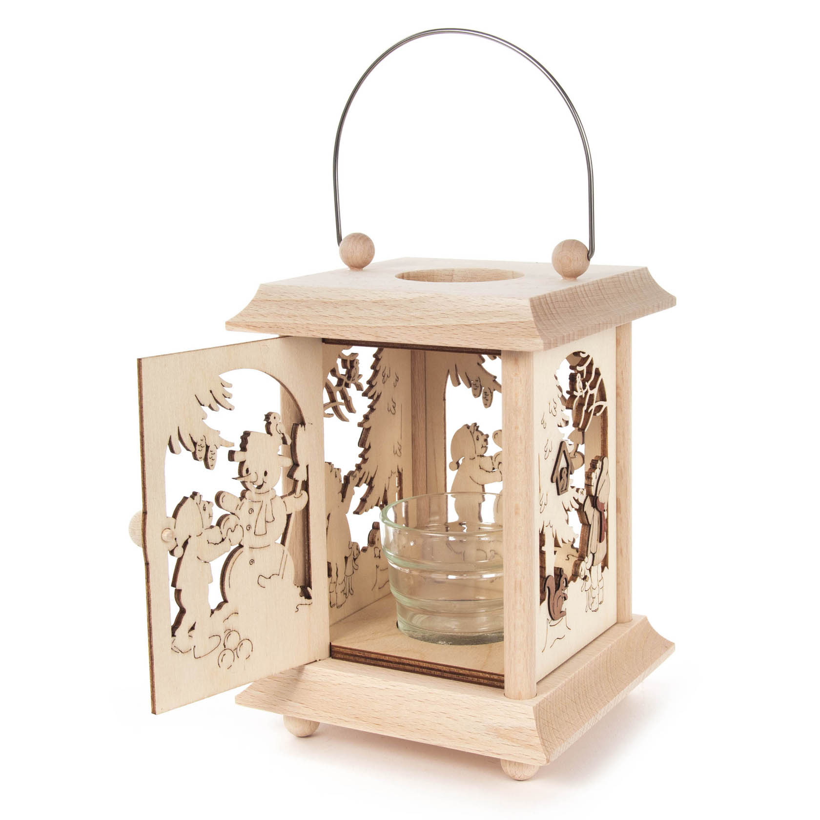 Wooden lantern with carved winter children scenes and a glass holder for a tealight or votive candle.