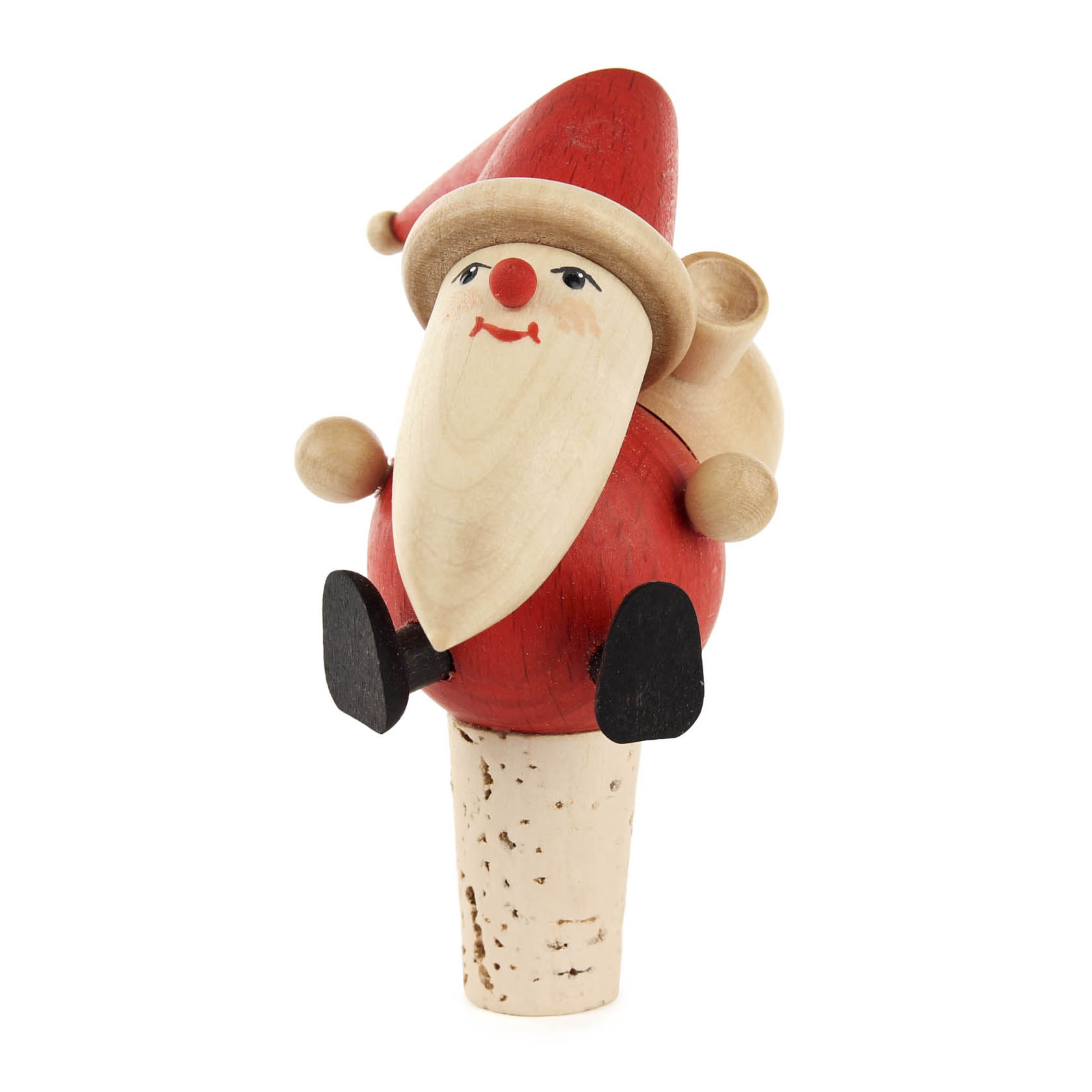 A wooden Santa Claus figure sitting atop a cork, with a red suit, white beard, and black shoes, holding a beige sack on its back. im Dregeno Online Shop günstig kaufen
