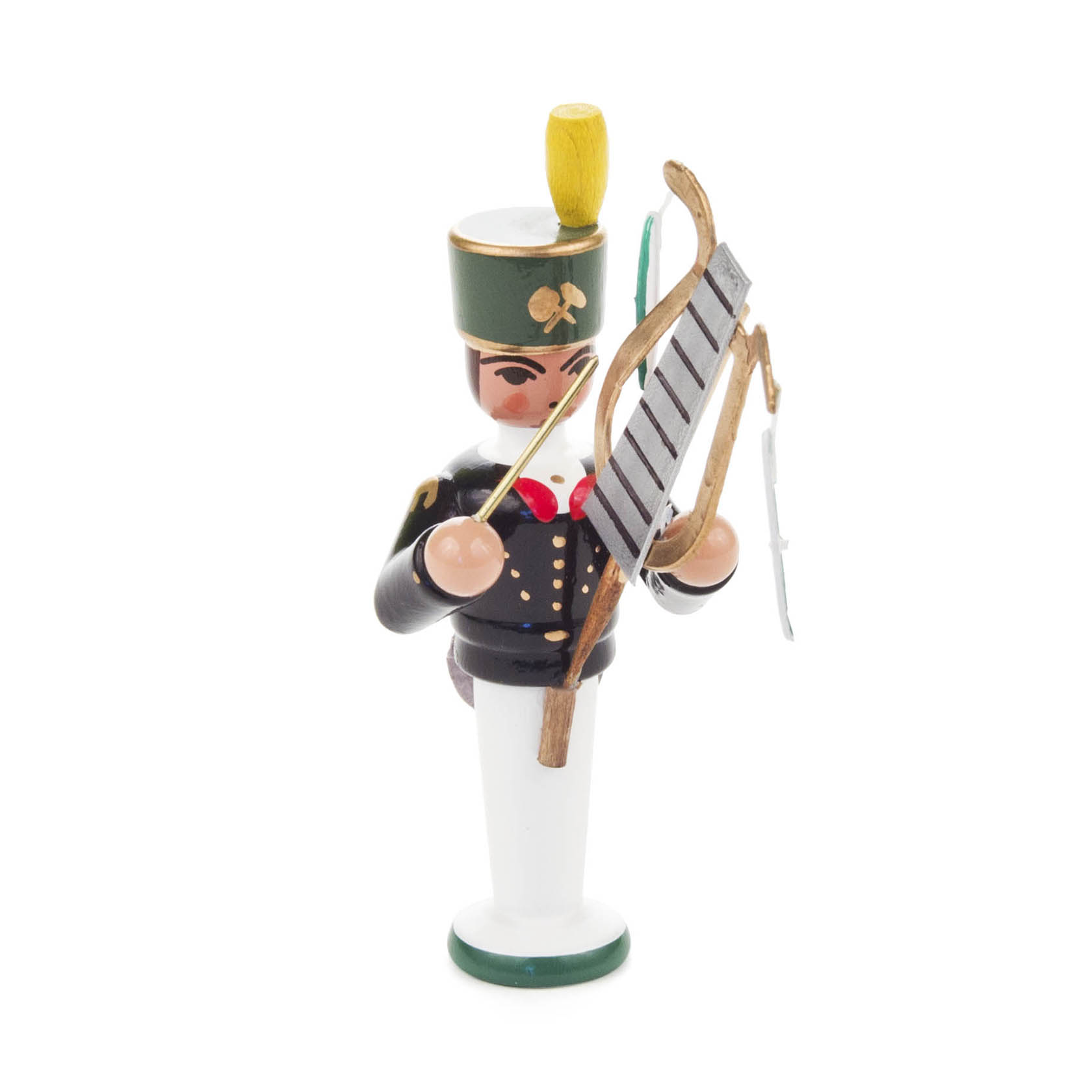 Holzfigur eines Bergmanns in traditioneller Uniform, der eine Lyra hält. Er trägt einen grünen Hut mit gelber Feder und hat einen roten Bogen. im Dregeno Online Shop günstig kaufen
