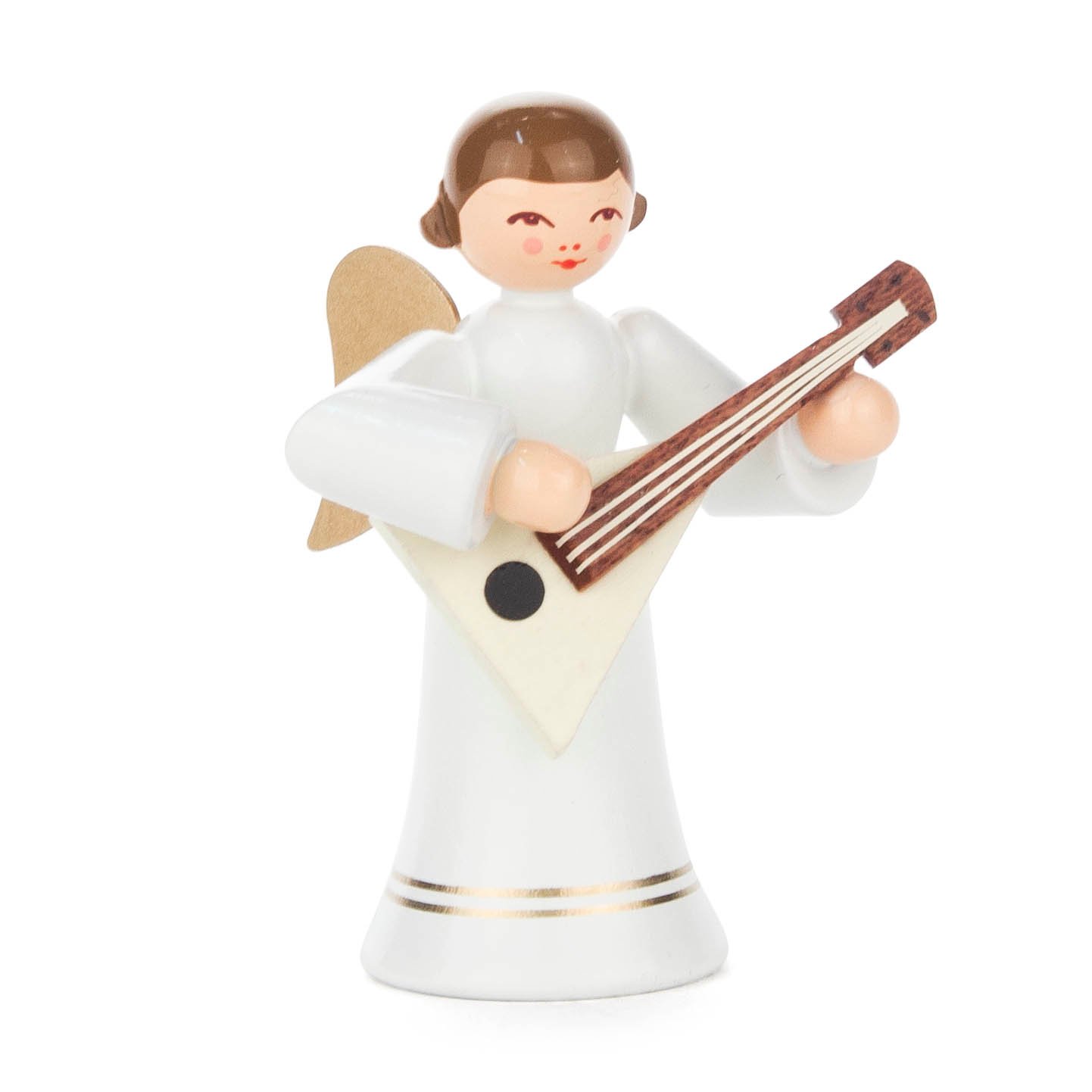Holzengel mit braunen Haaren, spielt eine Balalaika und trägt ein langes, weißes Kleid mit goldenen Akzenten. im Dregeno Online Shop günstig kaufen