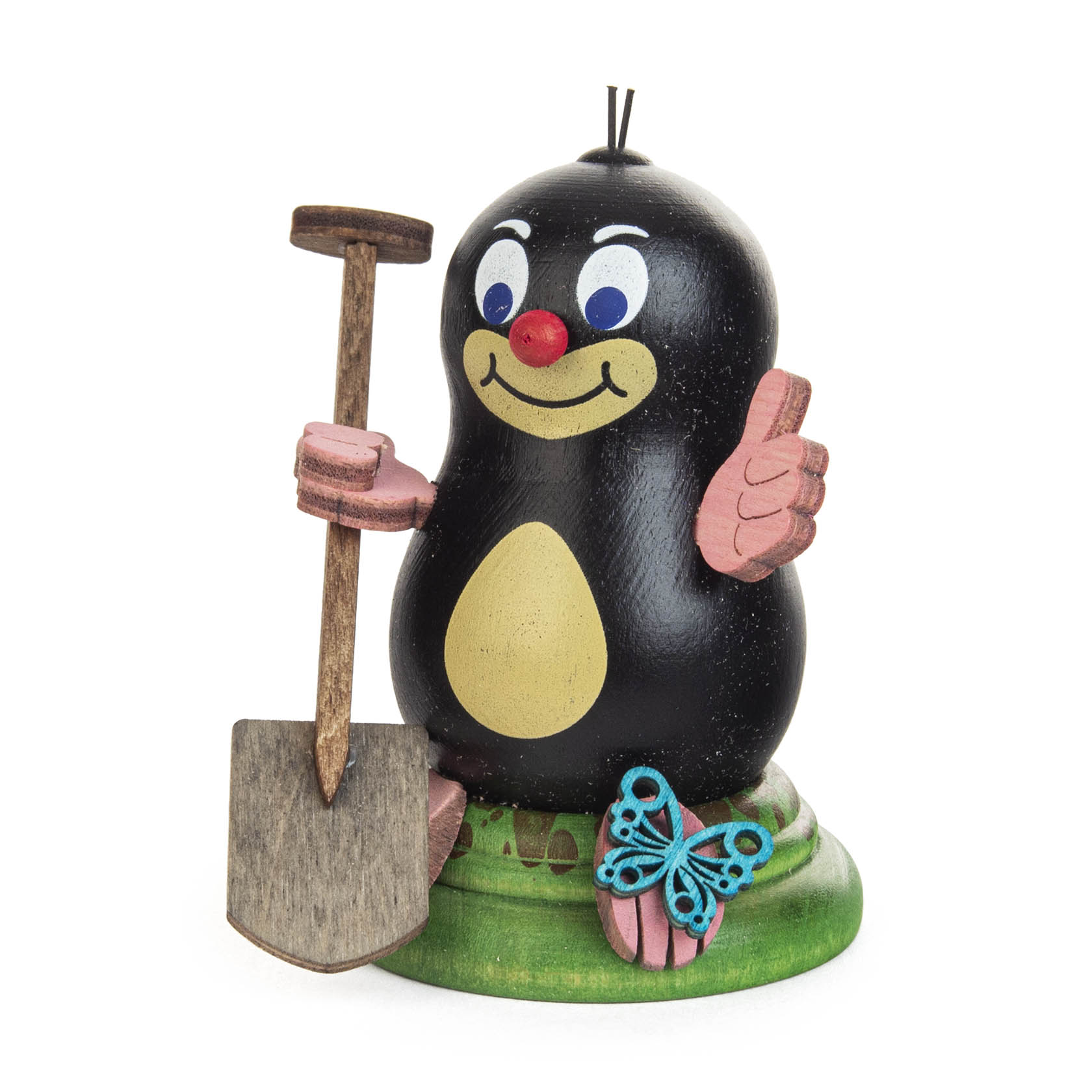 Holzfigur eines lächelnden Maulwurfs namens Paul mit einer Schaufel in der linken Hand und einem blauen Schmetterling davor. im Dregeno Online Shop günstig kaufen