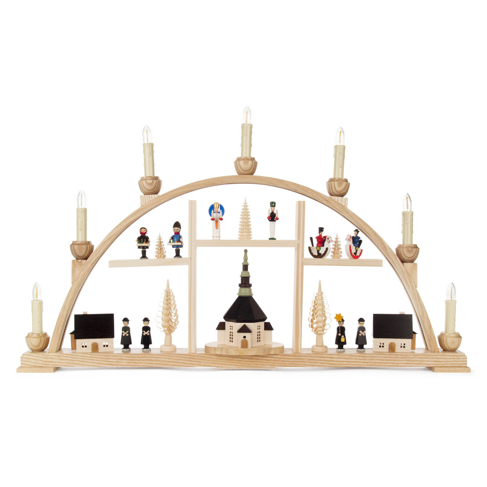 Schwibbogen mit Seiffener Kirche, Kurrende und Erzgebirgsfiguren, elektrisch beleuchtet im Dregeno Online Shop günstig kaufen