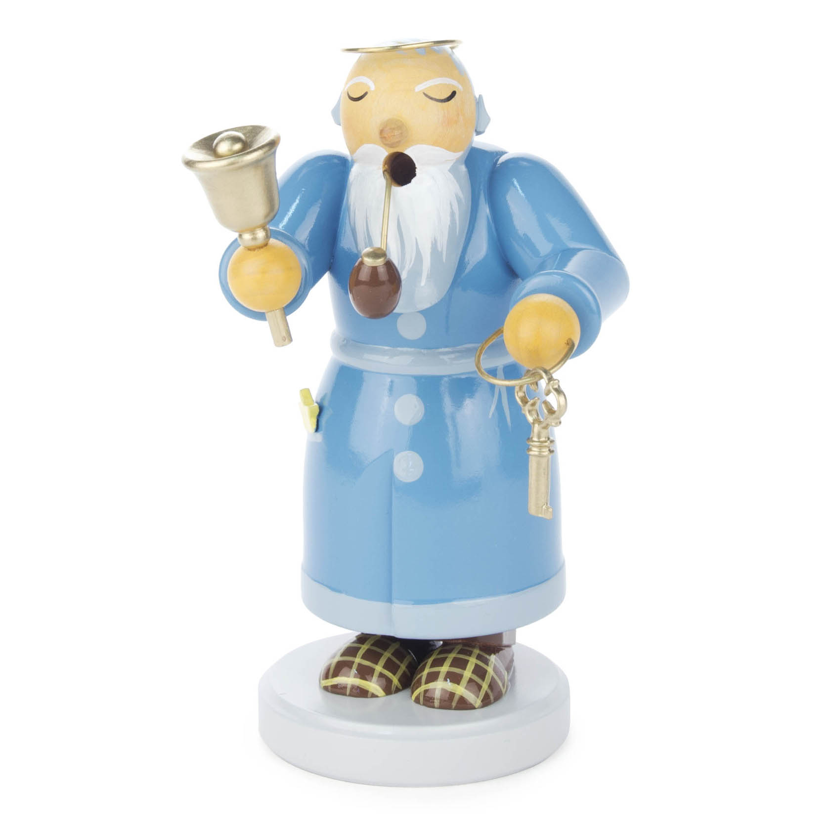 Holzfigur eines Räuchermanns in blauer Robe, der wie Petrus aussieht und eine Glocke in der rechten Hand sowie einen Schlüsselbund in der linken Hand hält.