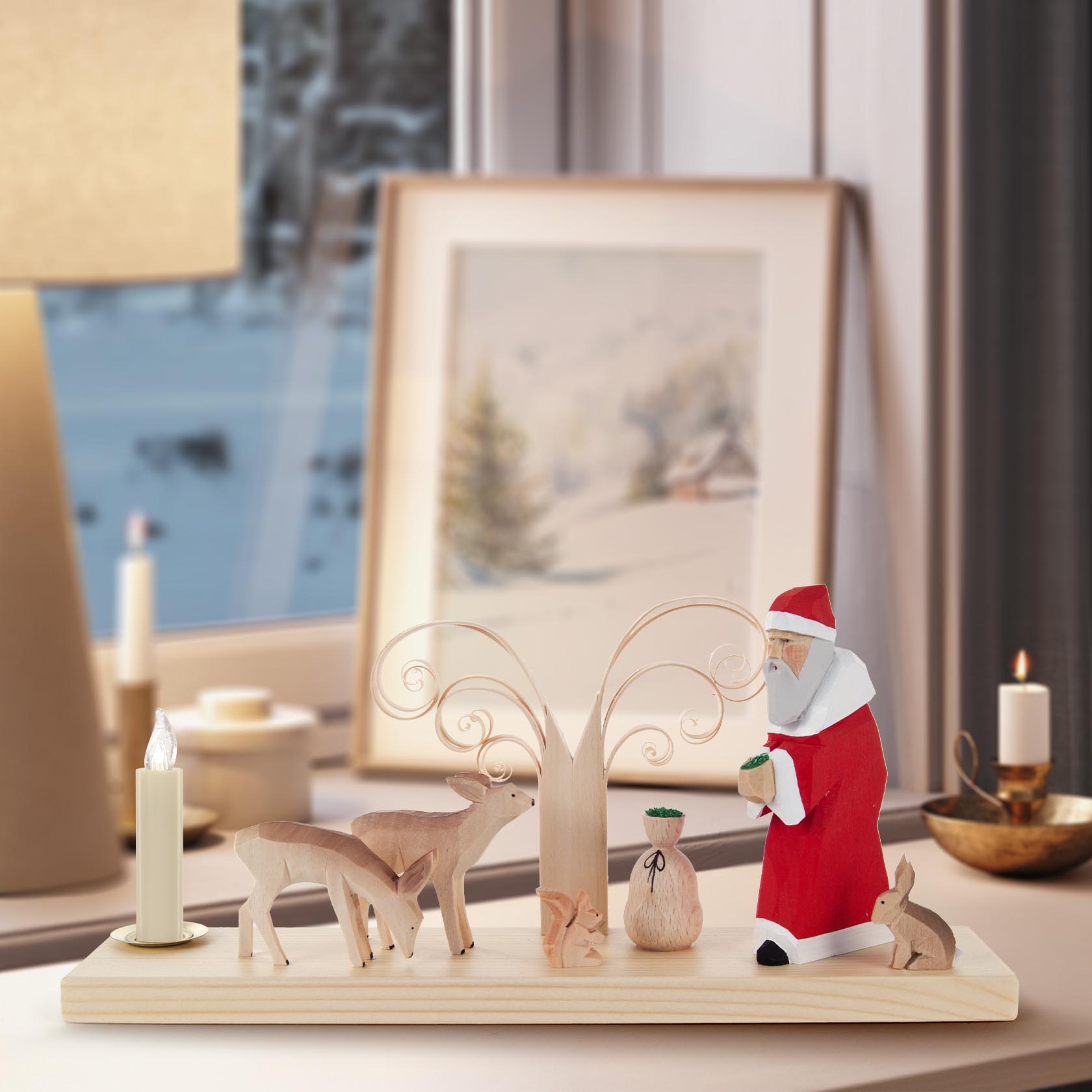Wooden carved scene featuring Santa Claus with forest animals like deer, rabbit, and fox. Designed as a candle holder for 14mm candles.