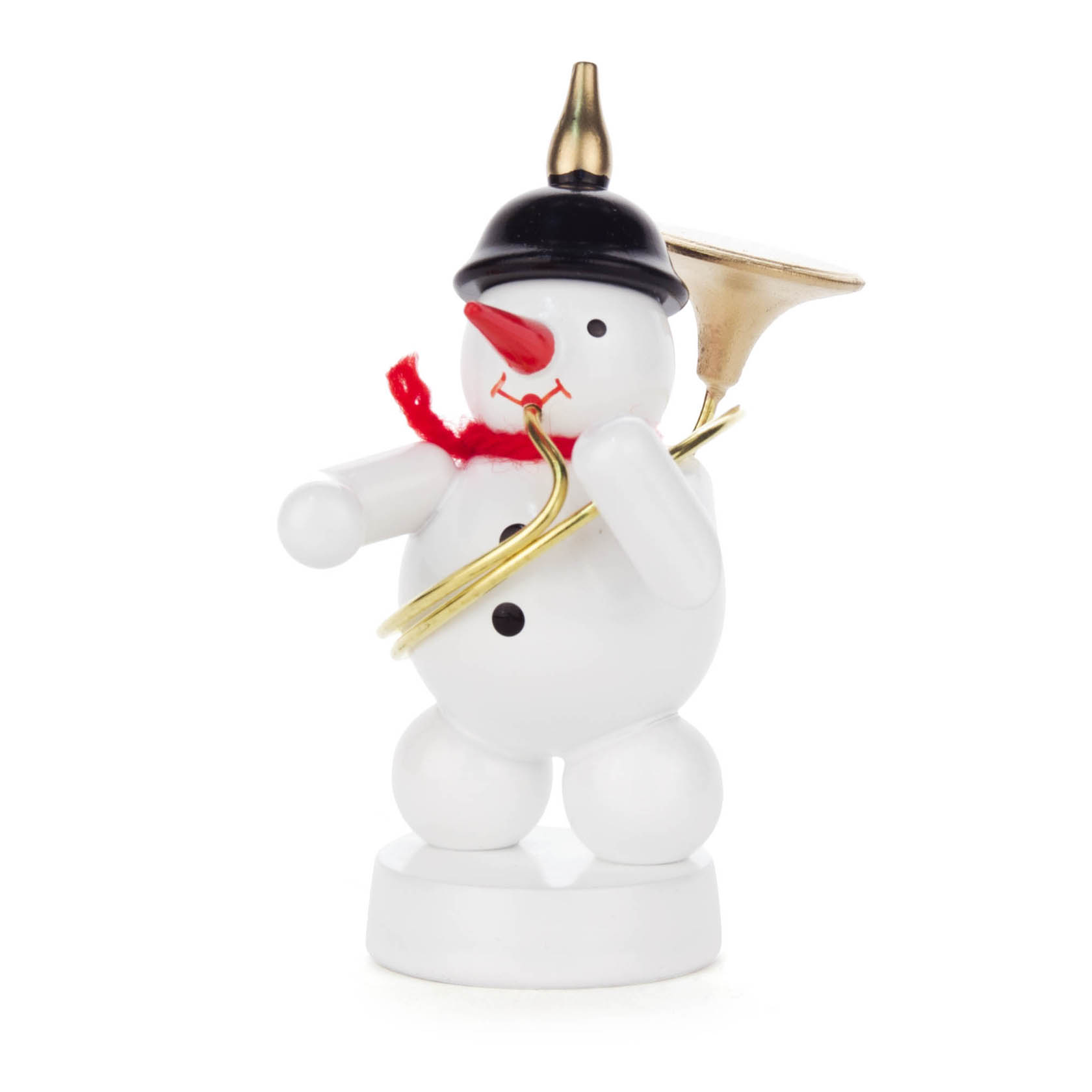 Ein weißer Schneemann mit einem schwarzen Hut und rotem Schal hält ein goldenes Sousaphon. im Dregeno Online Shop günstig kaufen